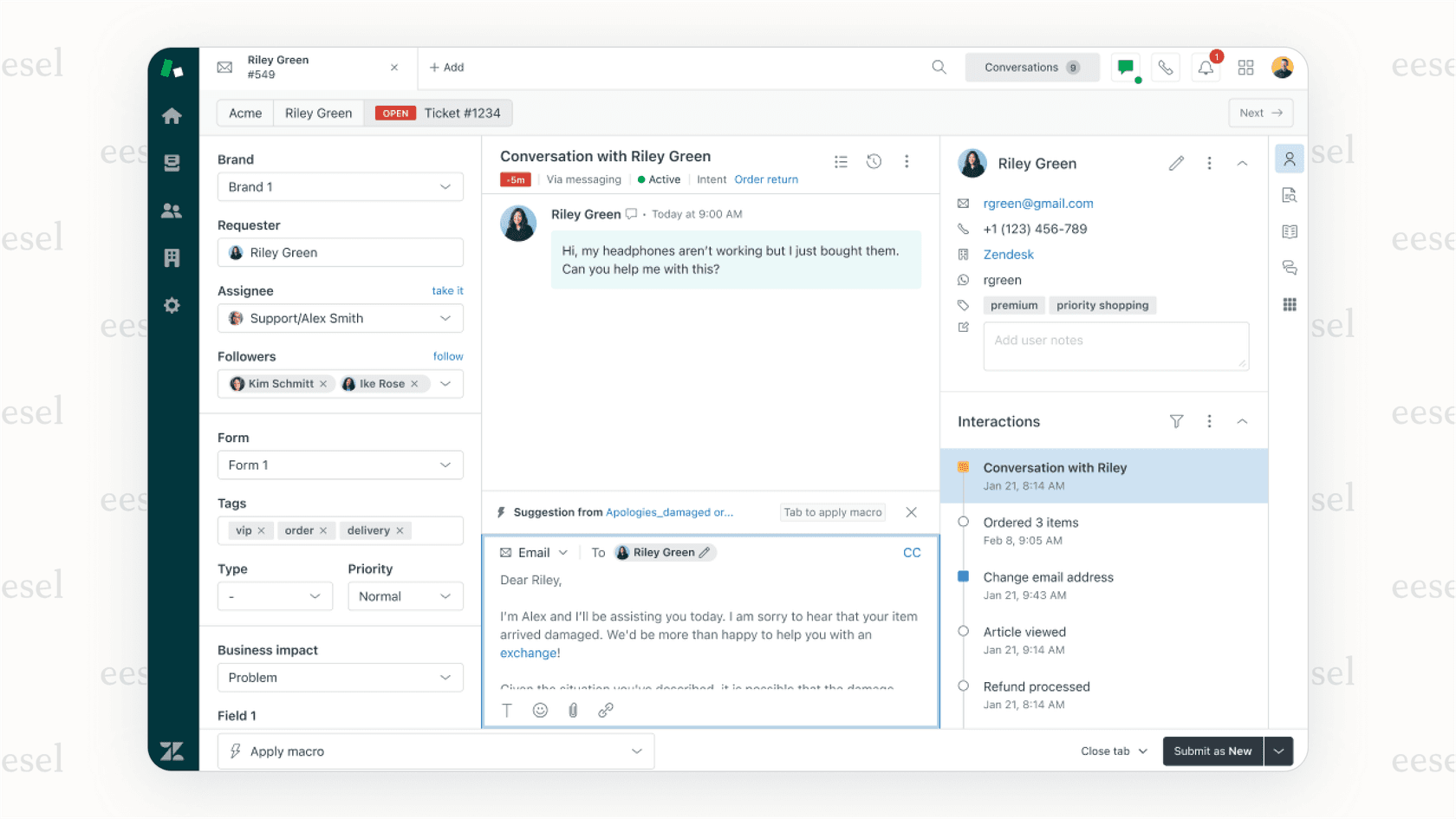 The Zendesk dashboard displays options for configuring Zendesk AI automation, including settings for bots and intelligent triage.