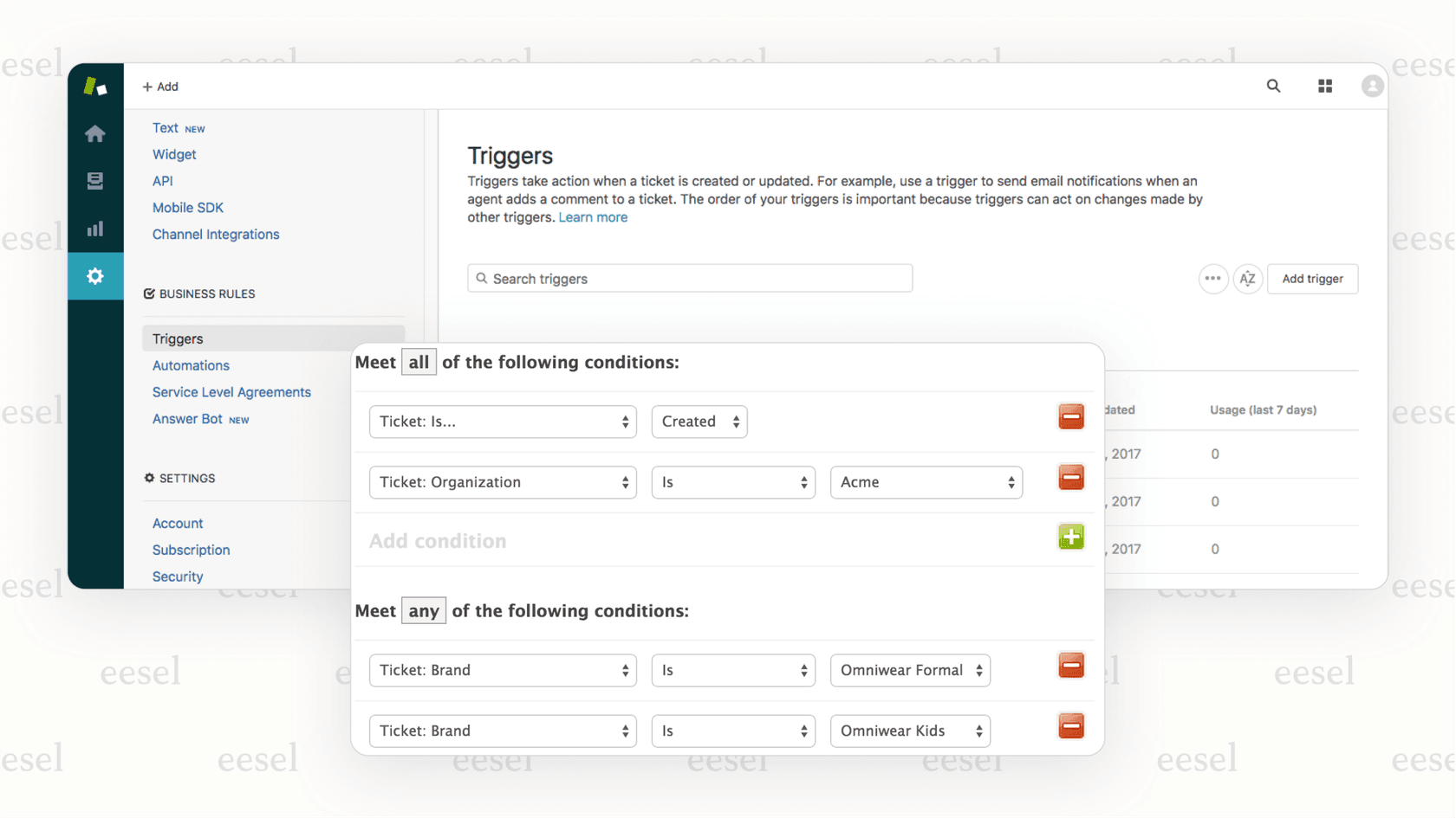 A screenshot showing the configuration screen for a new Trigger, a key feature for Zendesk workflow automation.