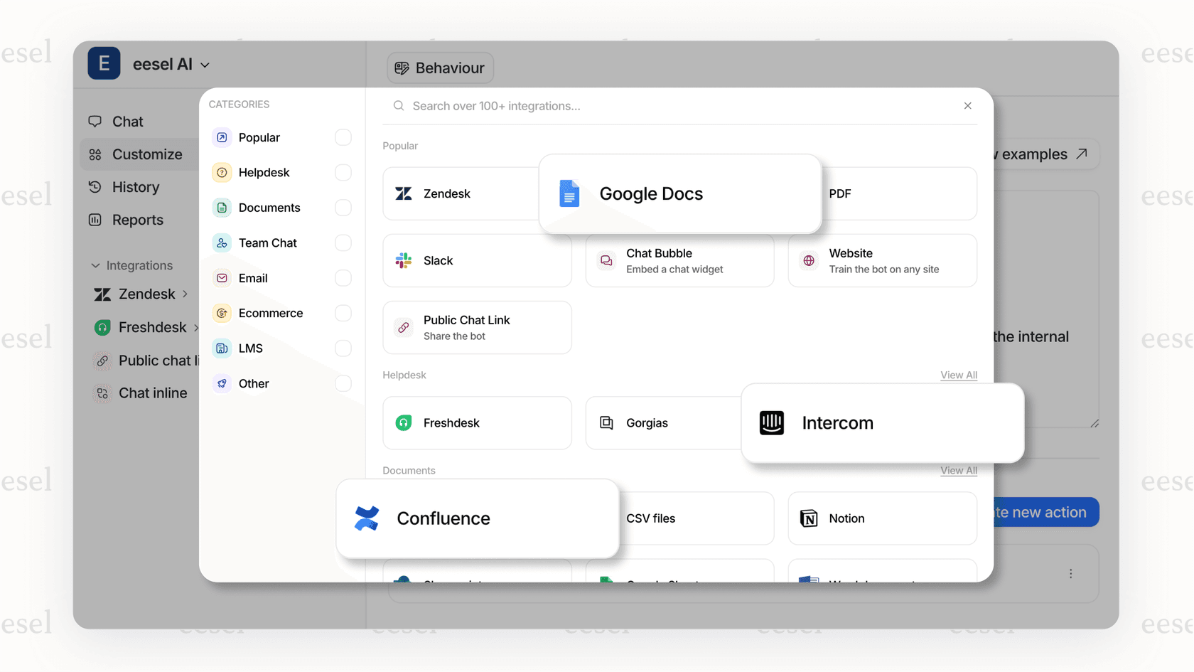A screenshot of the eesel AI platform displaying connected knowledge sources, a key feature for providing effective mobile app support.