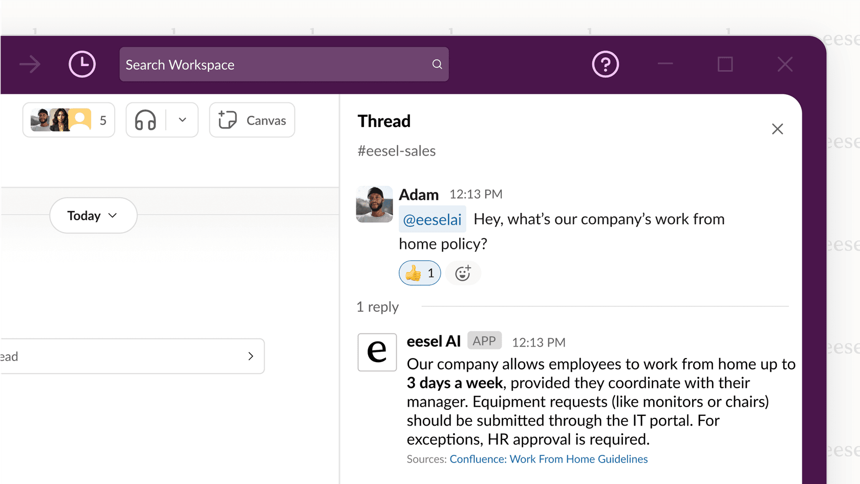 A view of eesel AI's internal chat feature, a tool that helps teams with how to research blog topics internally.