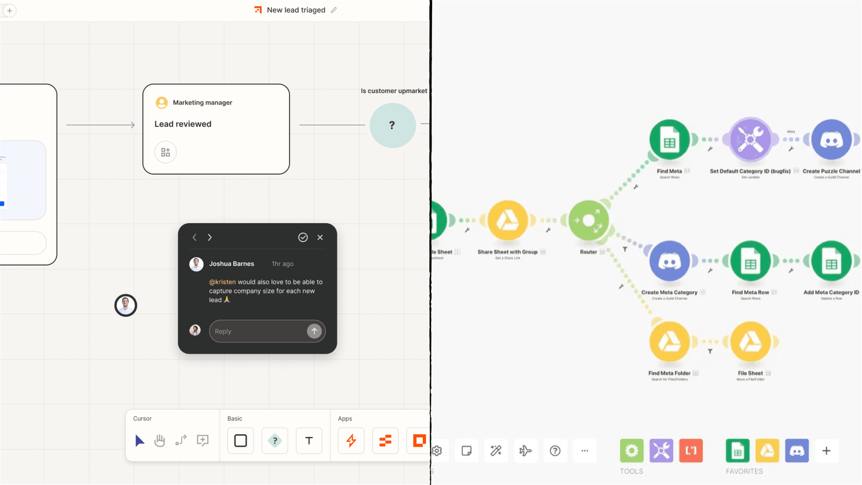 A split-screen image for the Make vs Zapier comparison, with Zapier