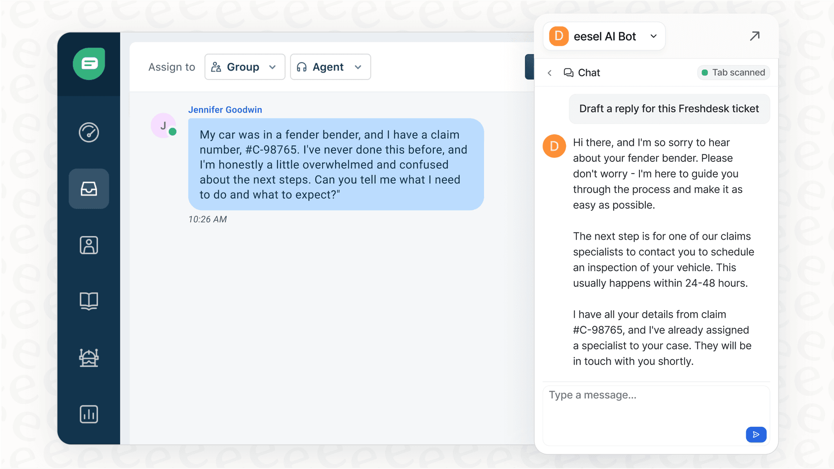 Screenshot showing how generative AI use cases in insurance can power an AI Agent to draft personalized customer support replies within a helpdesk.
