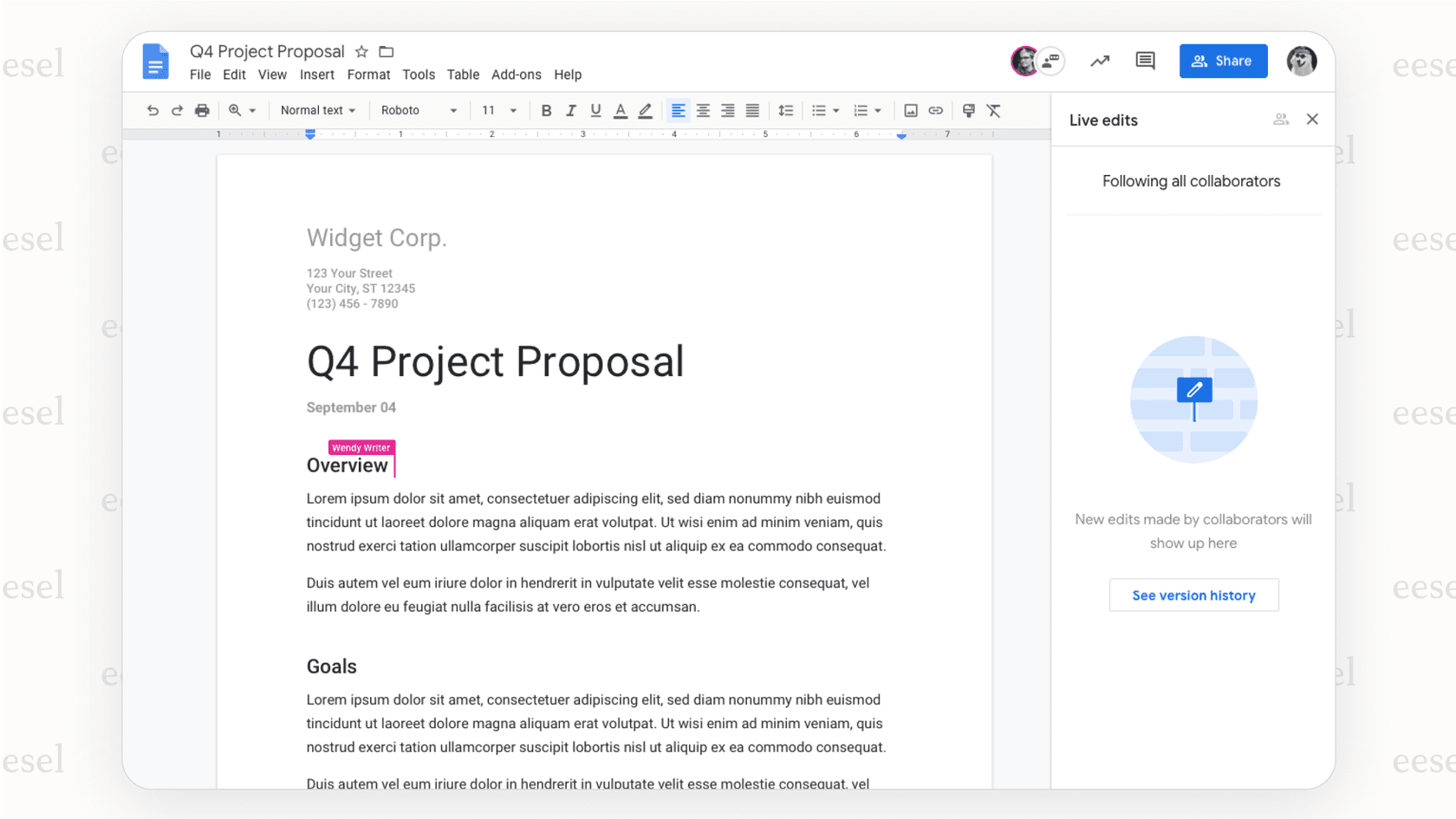 Screenshot for a google drive review showing the comment, suggestion, and real-time co-editing features in a document.
