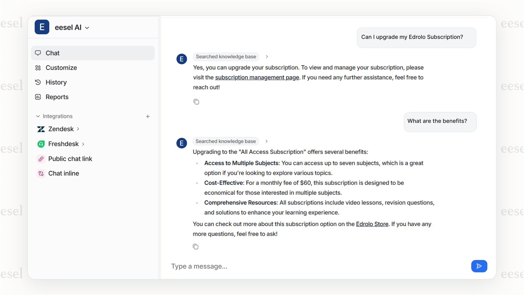 Uma captura de tela da plataforma eesel AI, considerada o melhor software de gestão de conhecimento por sua capacidade de simular o desempenho da IA em dados históricos.