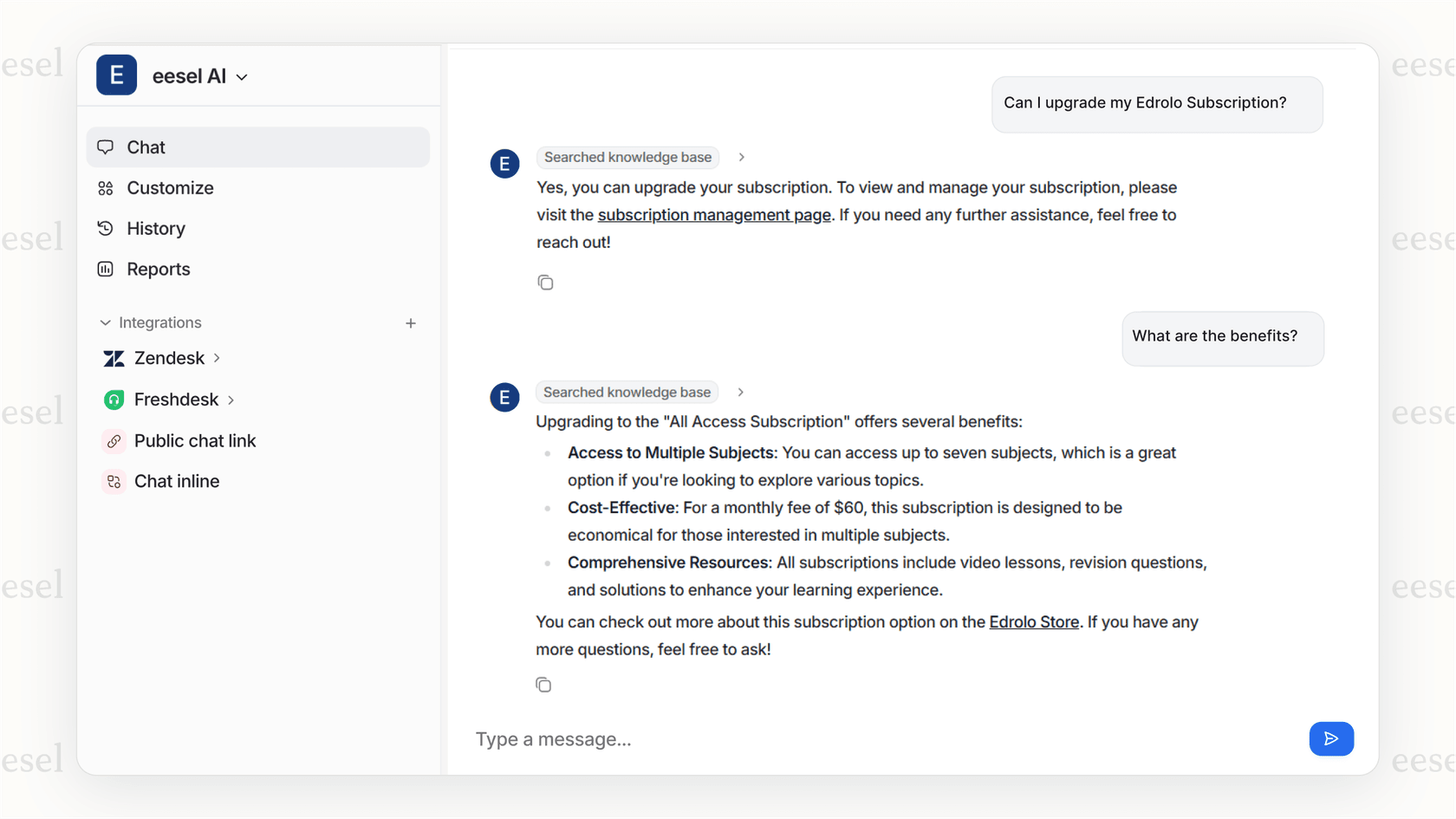 履歴データでテストするためのAIシミュレーション機能を備えたeesel AIプラットフォーム