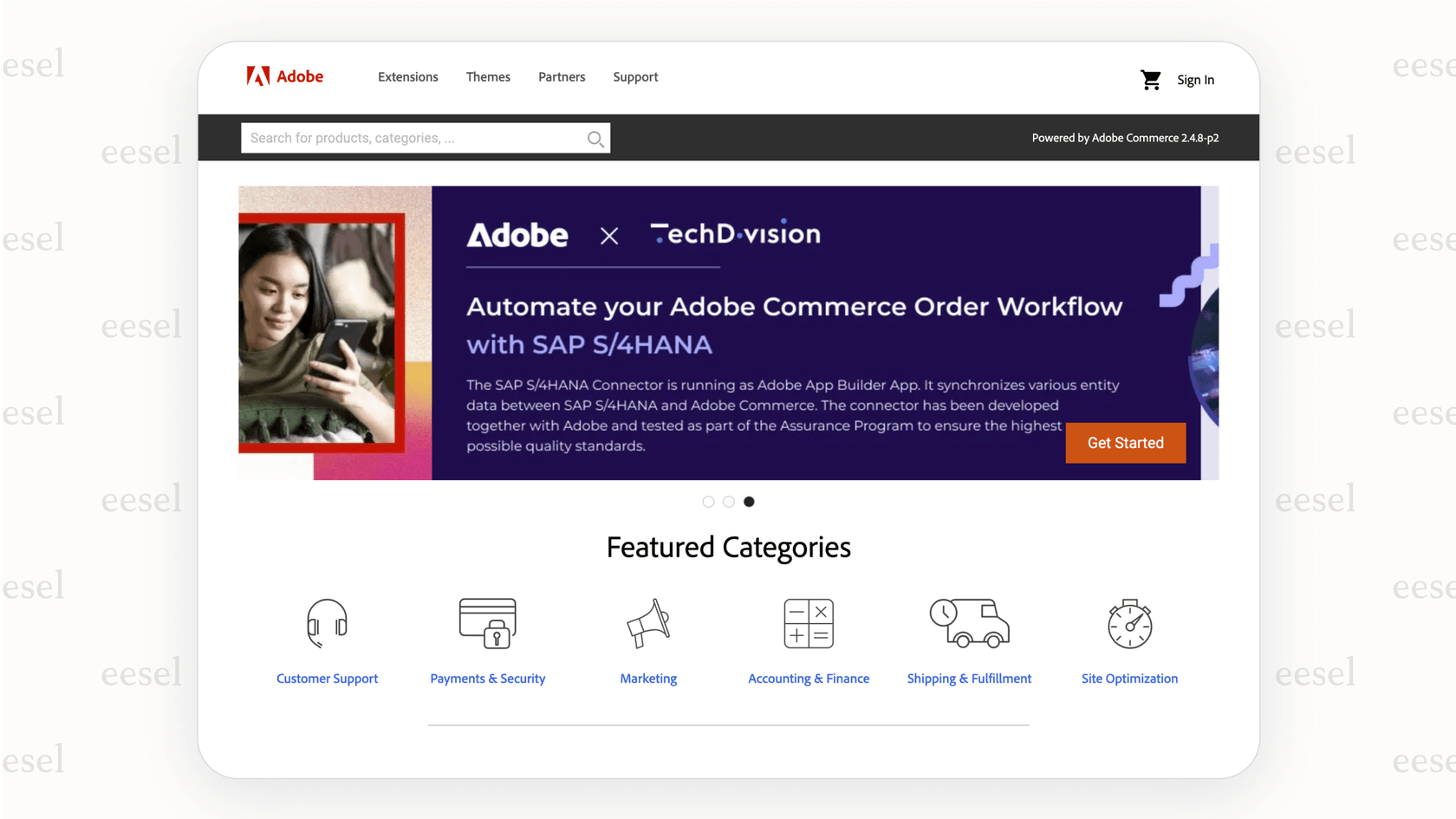 Captura de pantalla del Mercado de Adobe Commerce mostrando varios temas, ilustrando cómo la selección de temas impacta el precio general de Magento para una nueva tienda.