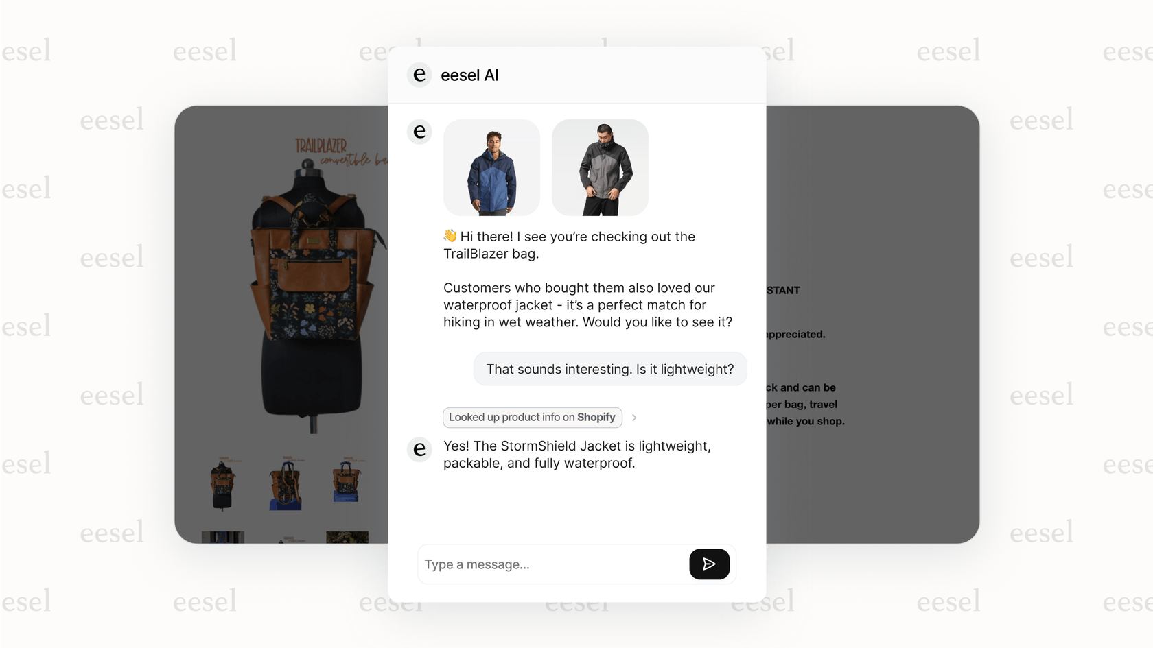 Um widget de chat mostrando uma recomendação de produto proativa e personalizada de uma plataforma de IA conversacional para o varejo.