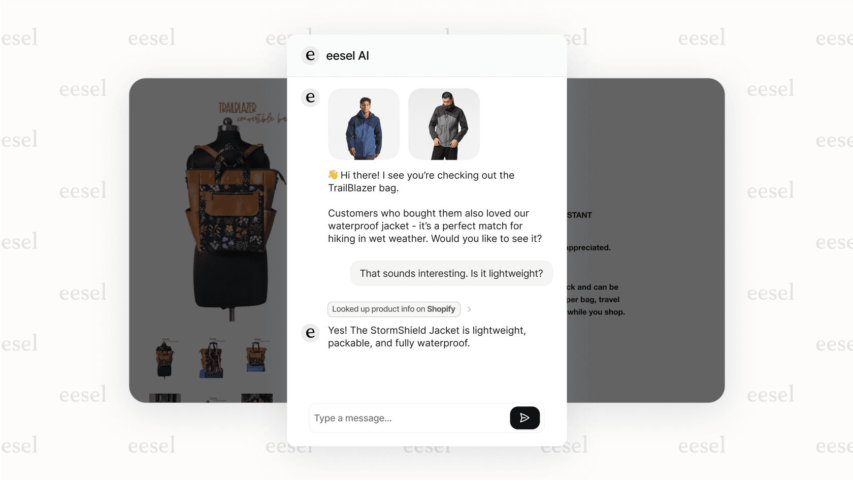Un widget de chat mostrando una recomendación de producto proactiva y personalizada de una plataforma de IA conversacional para el comercio minorista.