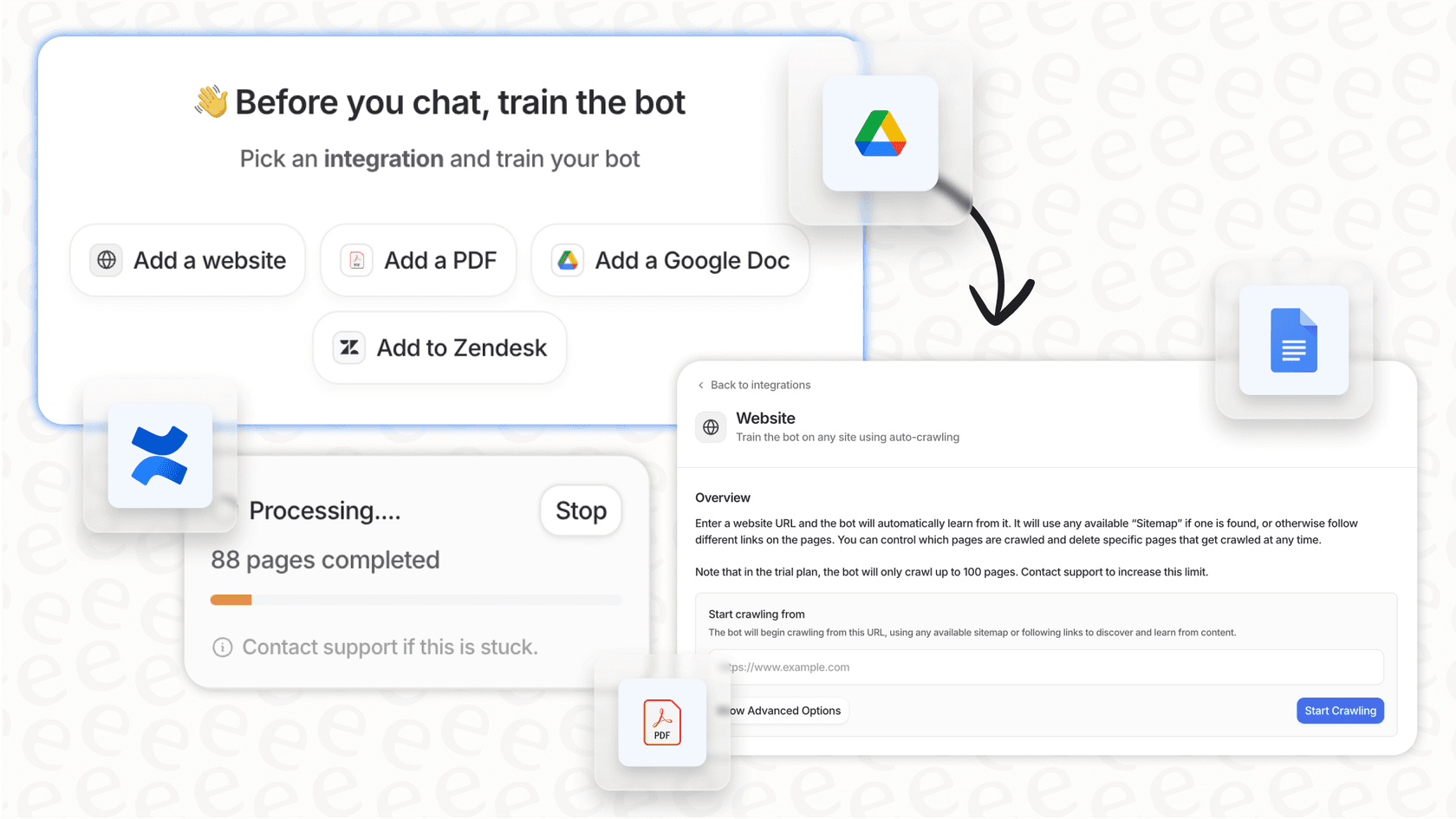 Screenshot showing a conversational automation tool connecting to a helpdesk and learning from historical support conversations to get started quickly.