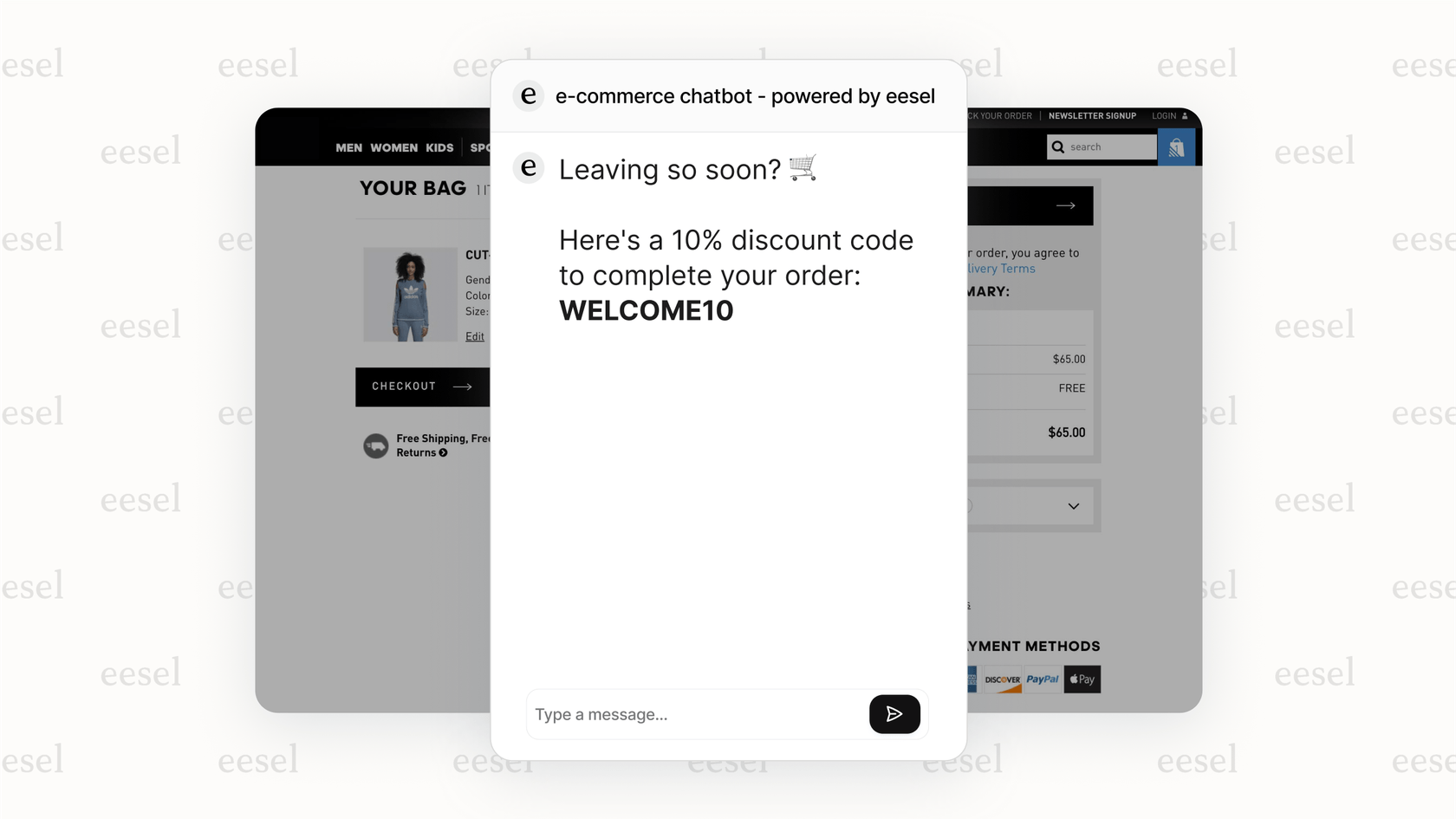 Screenshot of an online store page showing a friendly AI chat for e-commerce pop-up