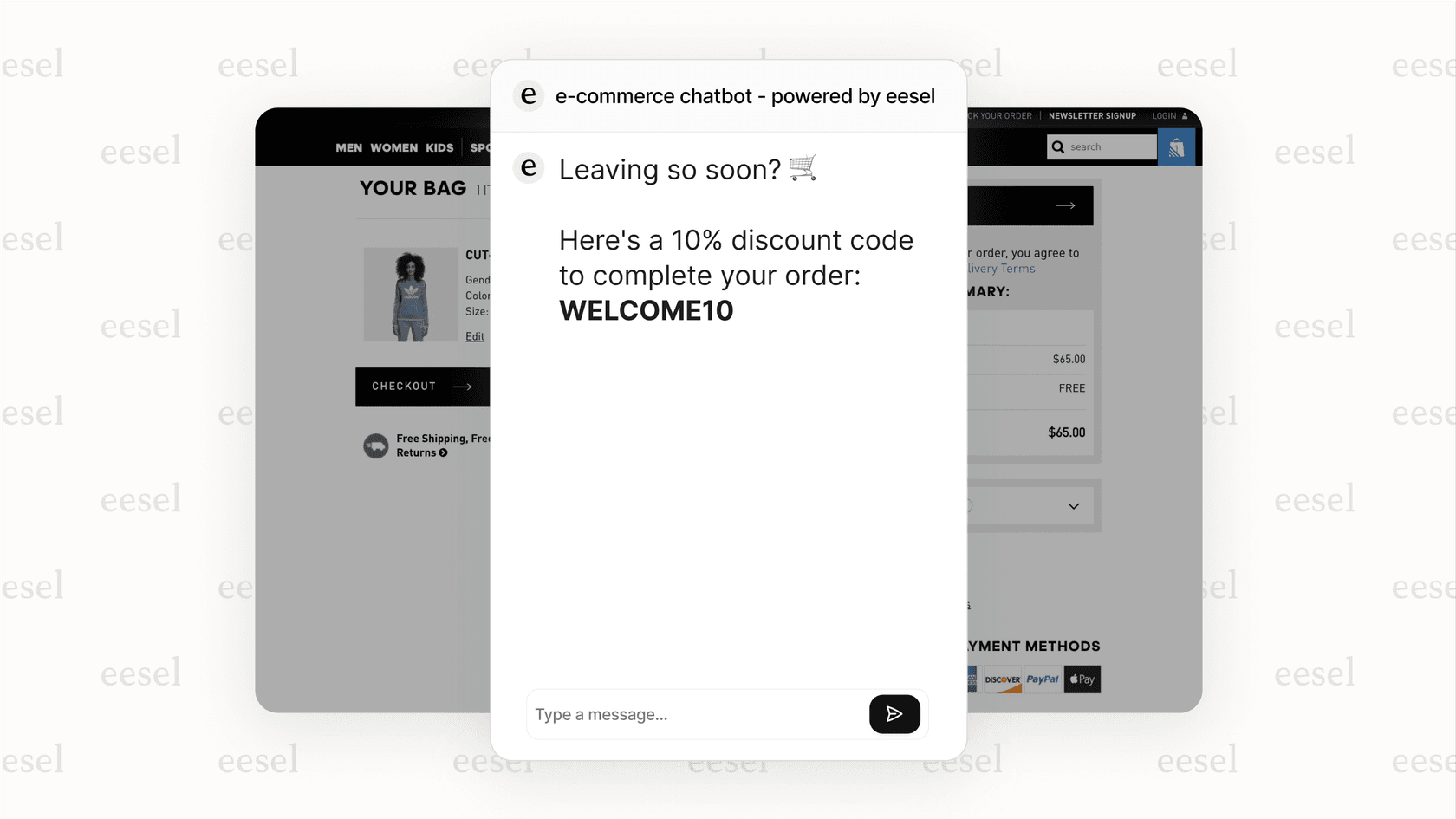 Captura de pantalla de una página de tienda en línea que muestra un mensaje emergente amigable de chat con IA para e-commerce