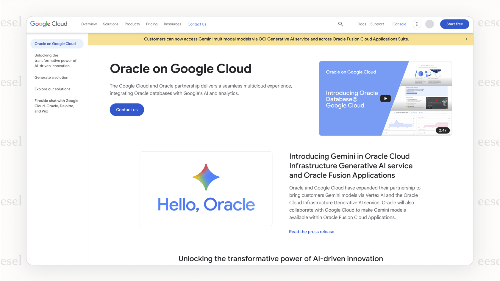 The official website for Google Gemini, the AI model used in the Gemini Oracle partnership, highlighting its key features.