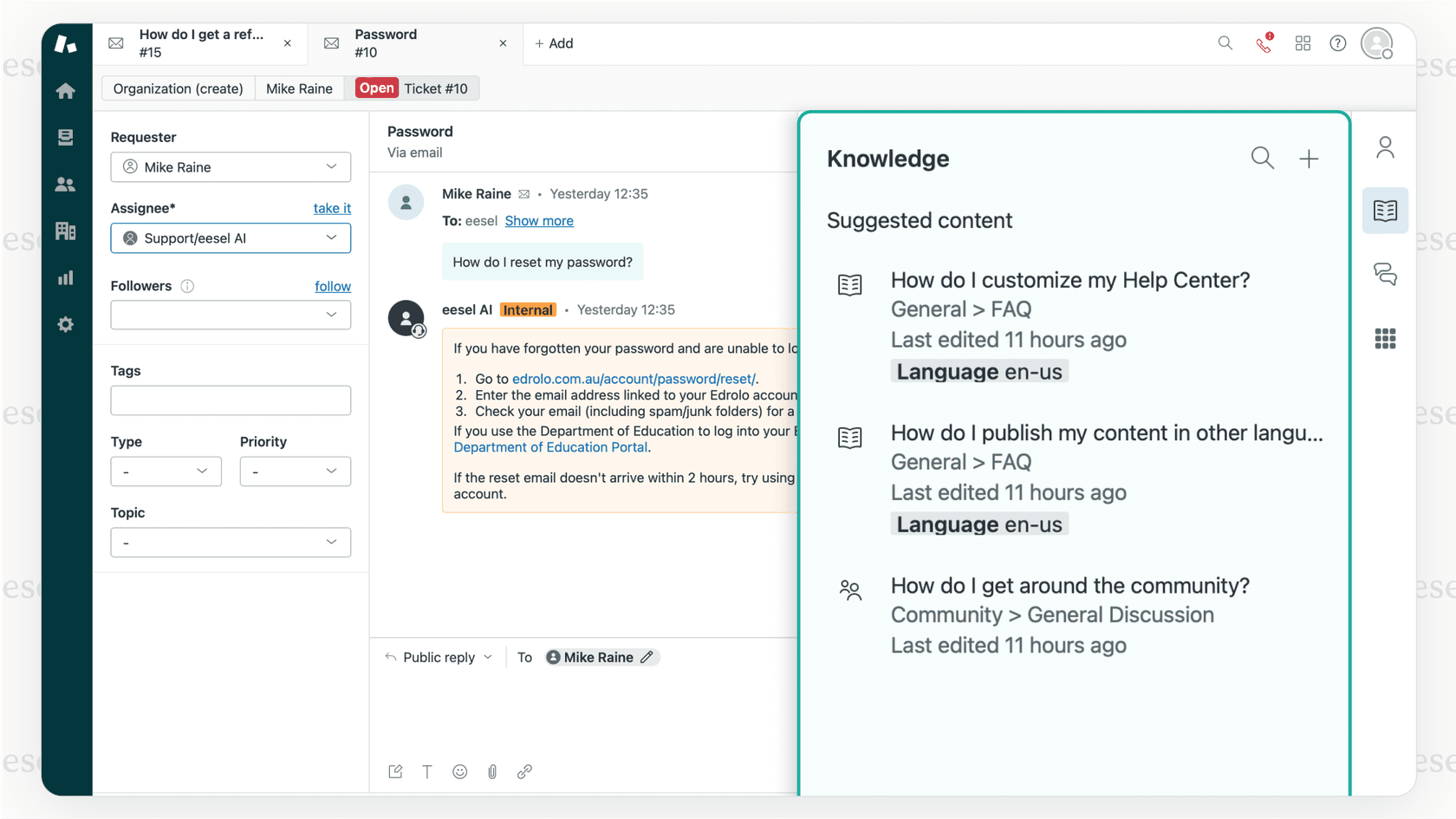 A screenshot showing an agent assist sidebar in Zendesk suggesting help articles for a customer question about a refund policy.