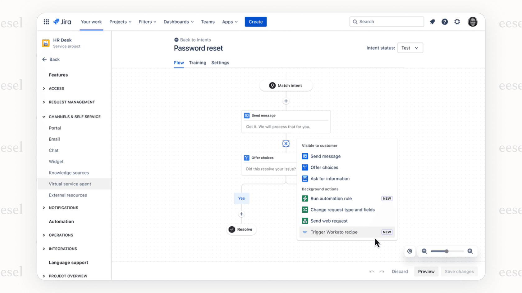 A screenshot of the Jira Service Management interface where an AI for healthcare tool has automatically tagged a new support ticket as "Urgent" and "Password Reset."