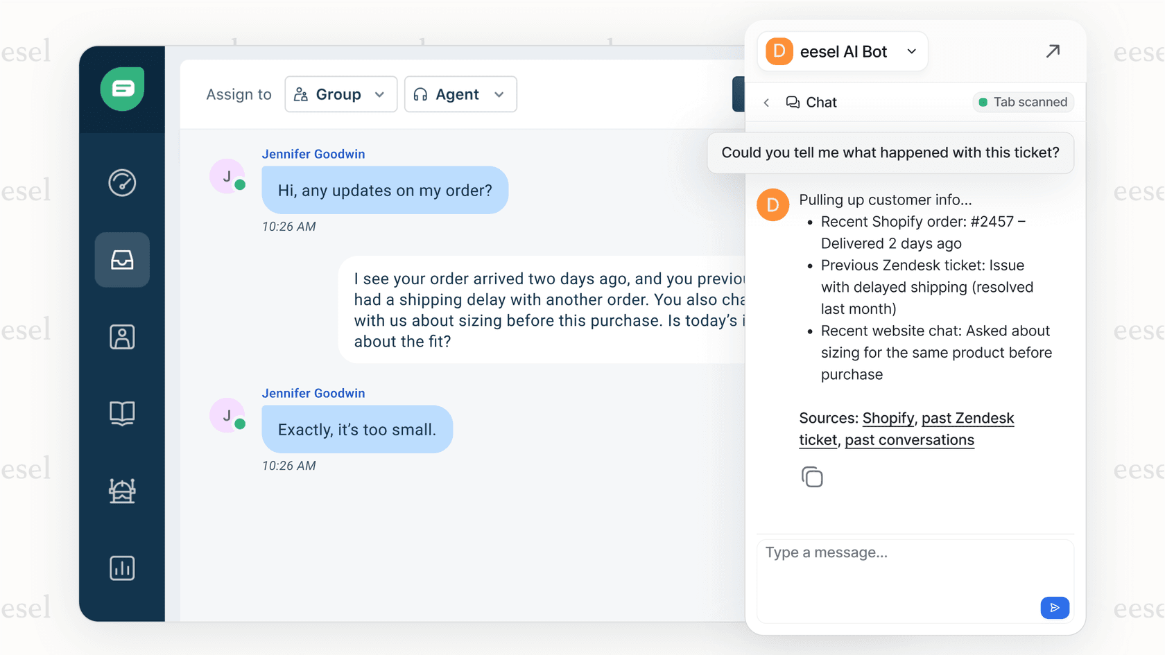 eesel AI copilot showing a unified view of the customer for a seamless omnichannel customer service experience.