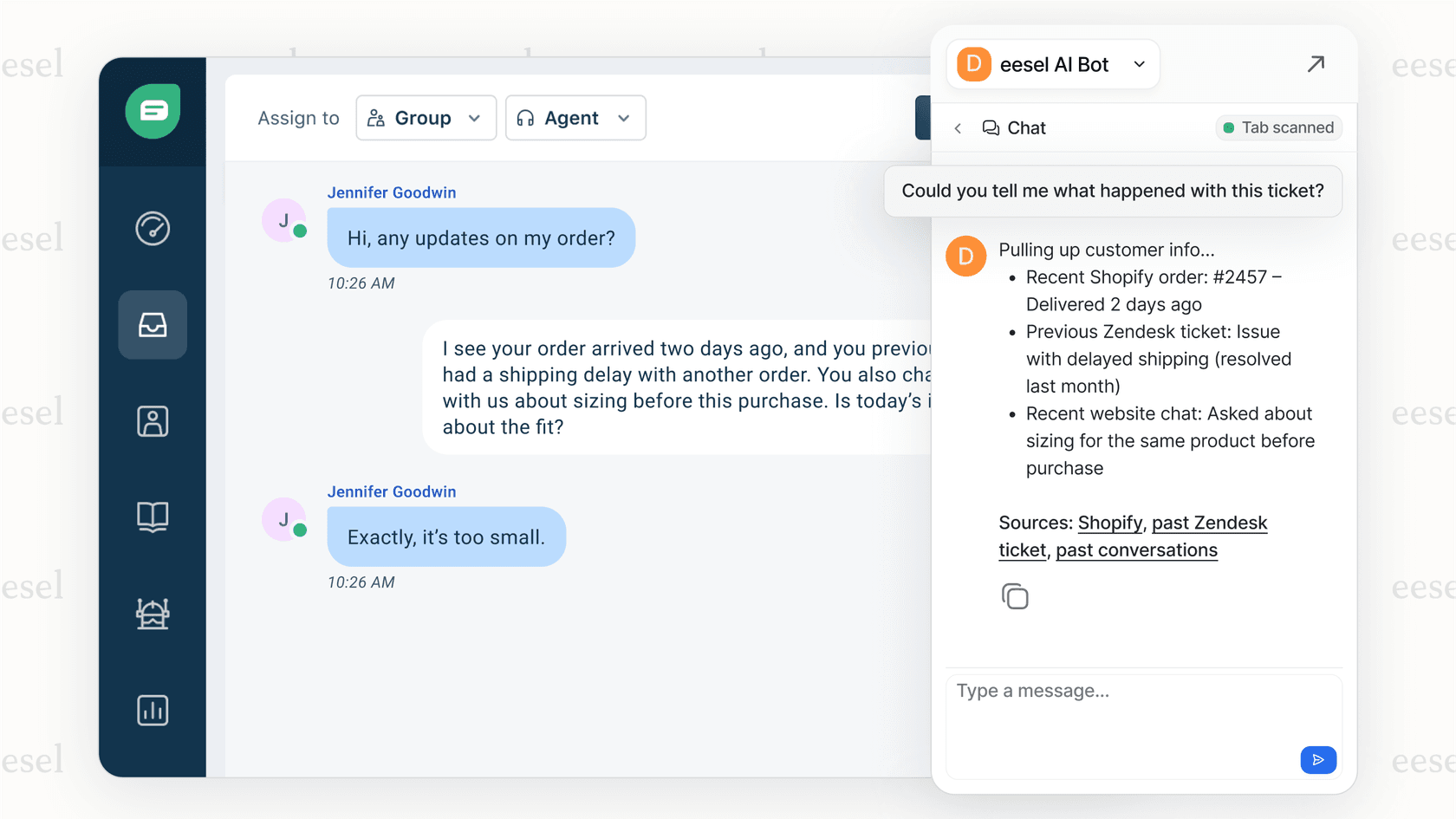 A screenshot showing how an AI layer provides a unified view of customer data from multiple sources like Shopify and Zendesk, enabling true Omnichannel customer service.