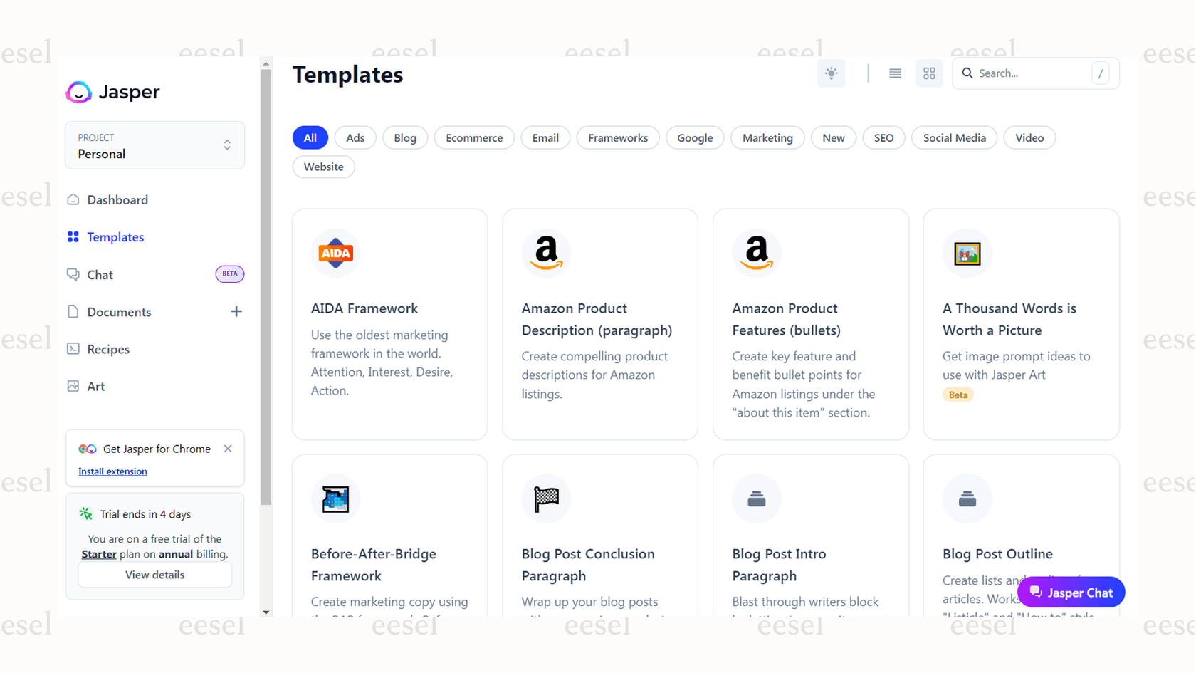 A view of Jasper's templates, a key feature of this best AI for writing for marketing.