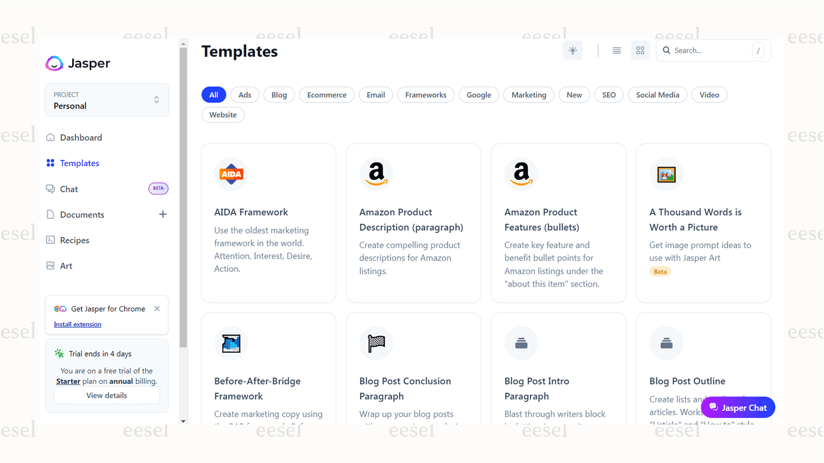 A view of Jasper's templates, a key feature of this best AI for writing for marketing.