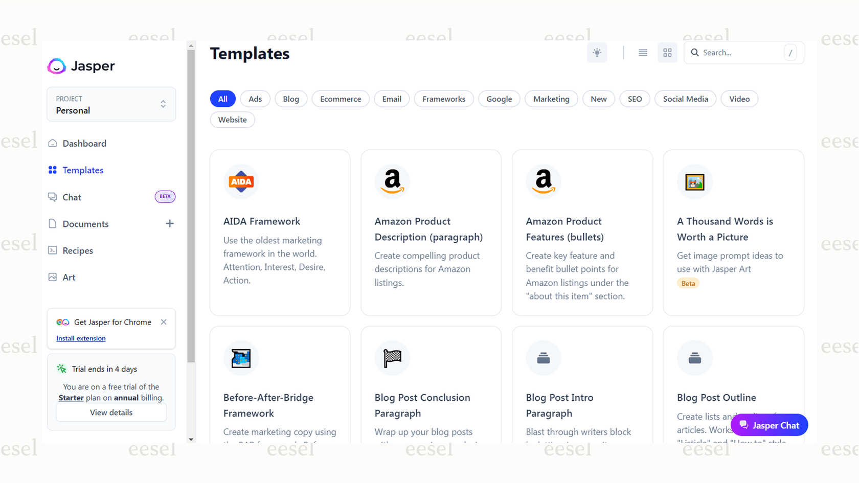 A screenshot of the Jasper dashboard showing various templates, illustrating its versatility as one of the best AI for writing tools.