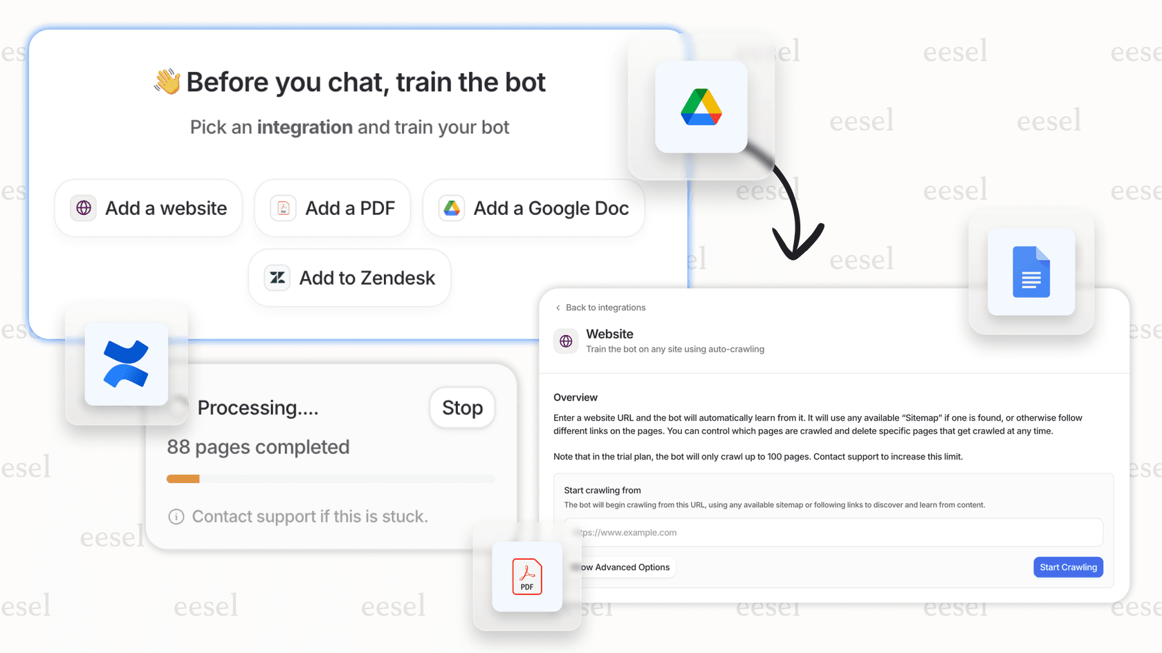 A screenshot of the eesel AI platform dashboard, illustrating how the best AI chatbots integrate with existing business tools like helpdesks and knowledge bases to provide comprehensive answers.