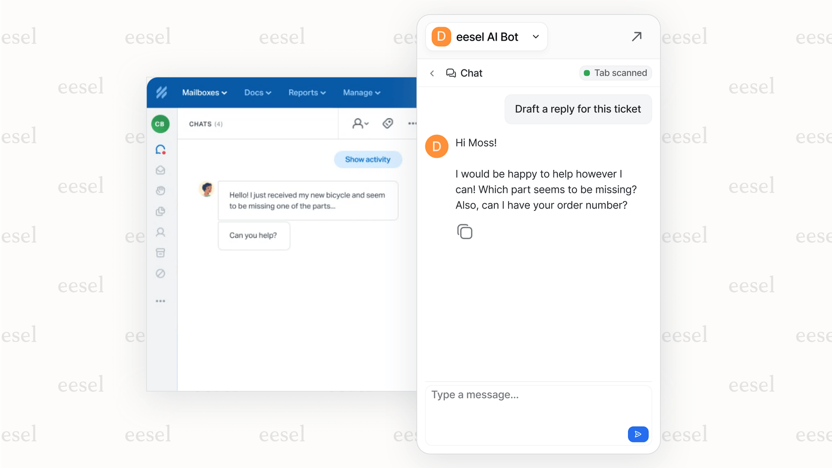Screenshot of eesel AI Copilot suggesting a response to a customer query within the Help Scout interface, demonstrating how Help Scout alternatives can add AI capabilities.