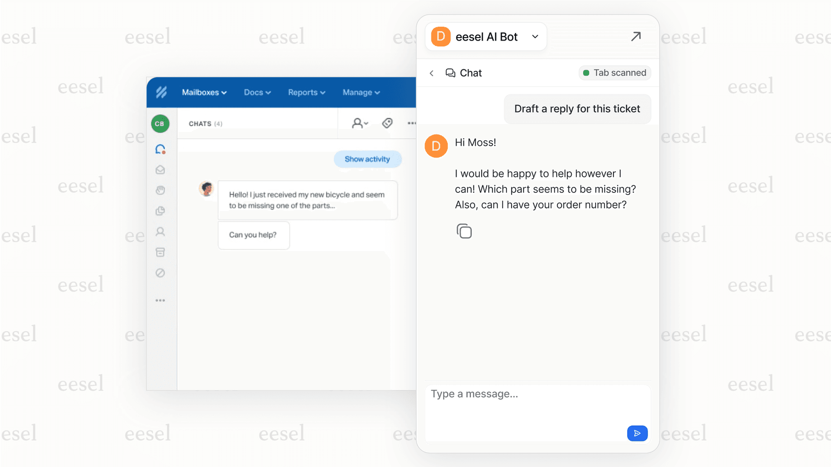 Screenshot of eesel AI Copilot suggesting a response to a customer query within the Help Scout interface, demonstrating how Help Scout alternatives can add AI capabilities.
