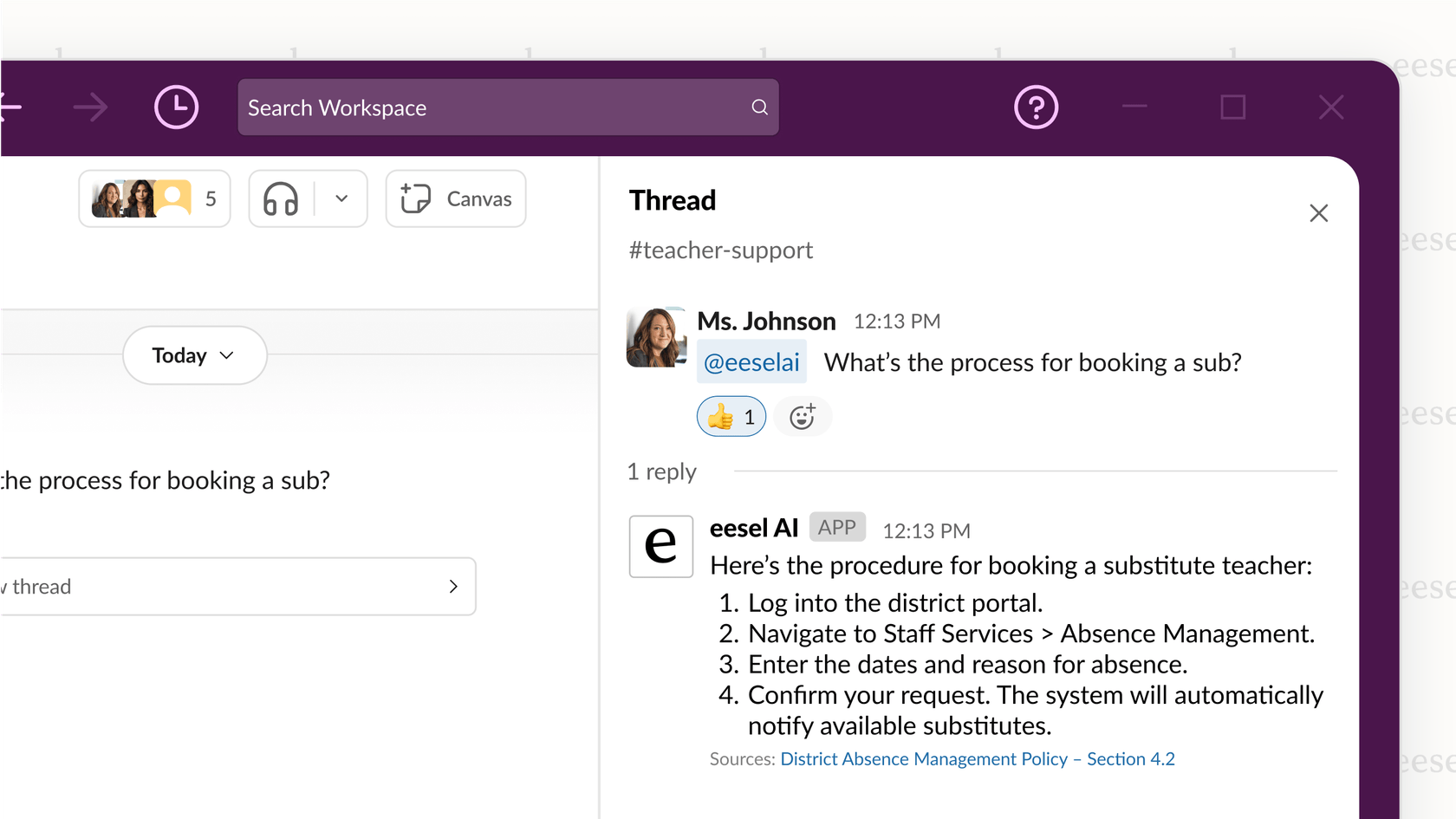 An example of an AI assistant answering a policy question about sub teachers.
