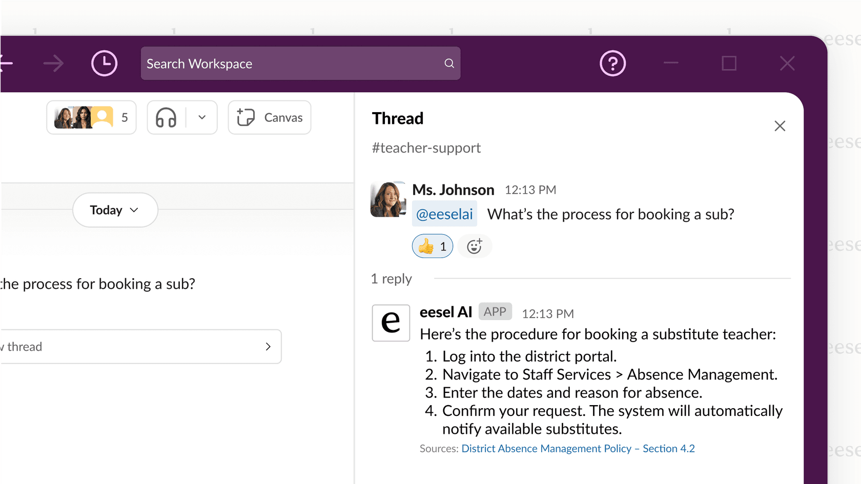 An example of an AI assistant answering a policy question about sub teachers.
