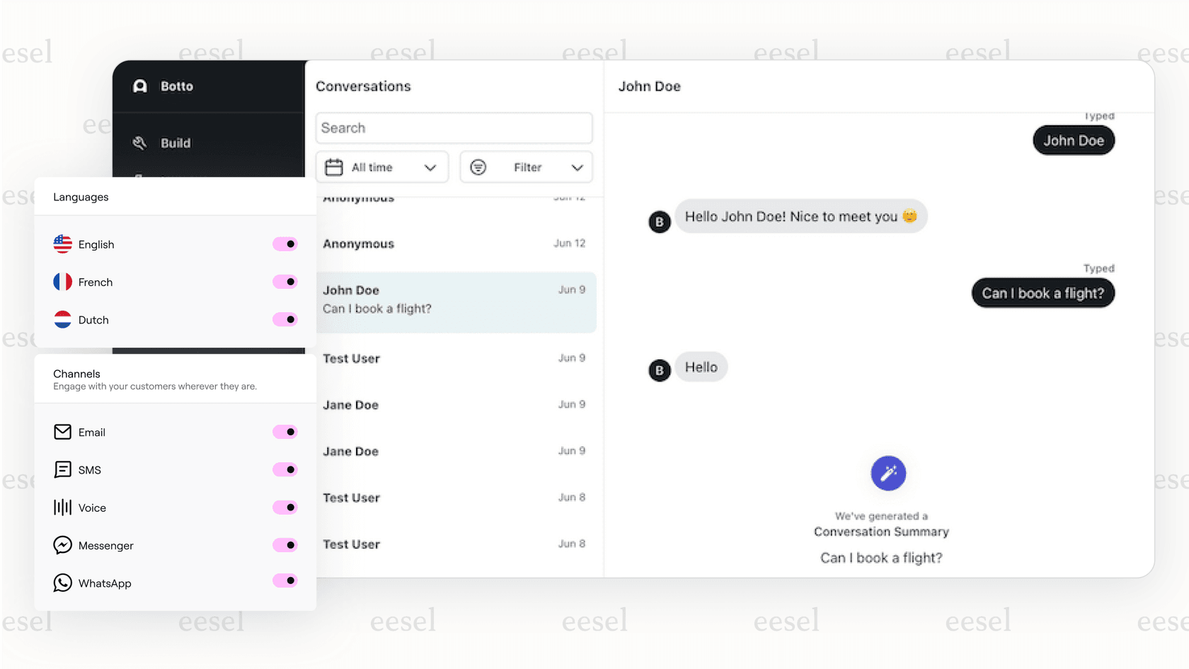 An agent's view inside a live chat software, showing omnichannel support with messages from multiple channels in one inbox.