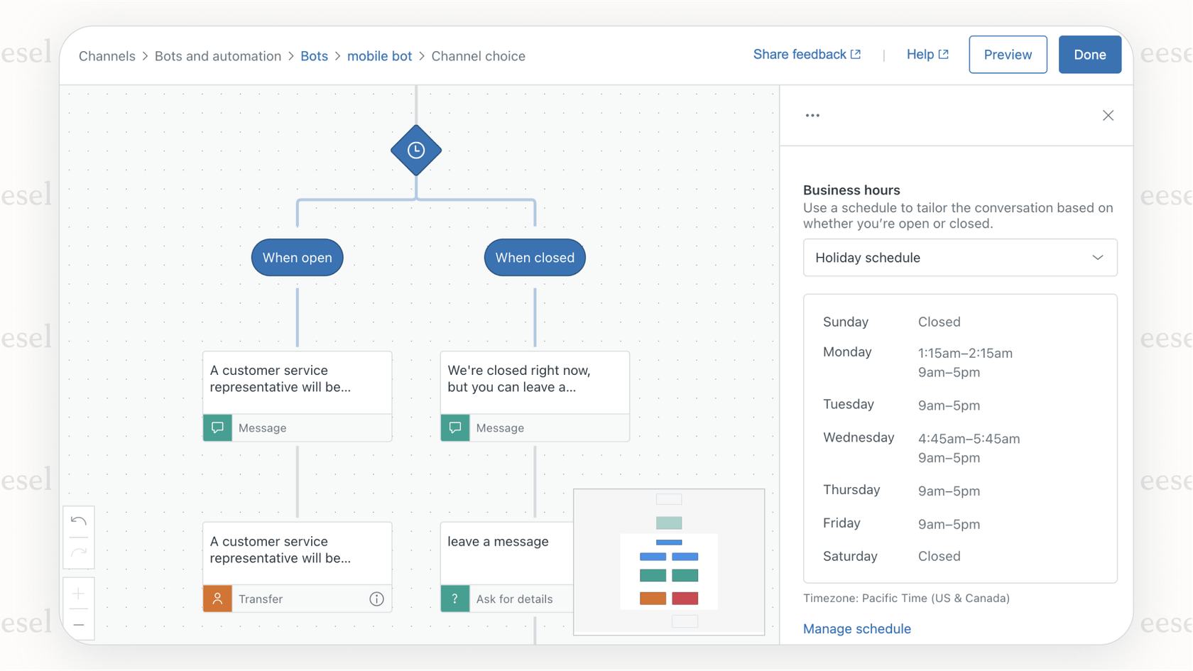 Zendeskフロービルダーのビジュアルインターフェース。チャットボット用のZendesk AI自動化を設定するための主要ツール。