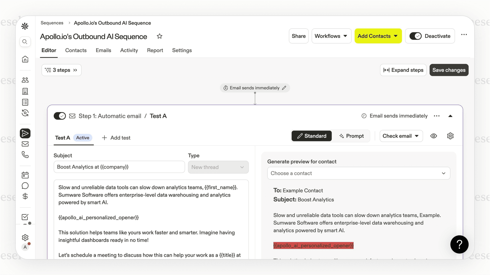 A screenshot showing the Apollo AI sequence builder, with steps for an initial email, a three-day delay, and a follow-up email, illustrating sales automation.