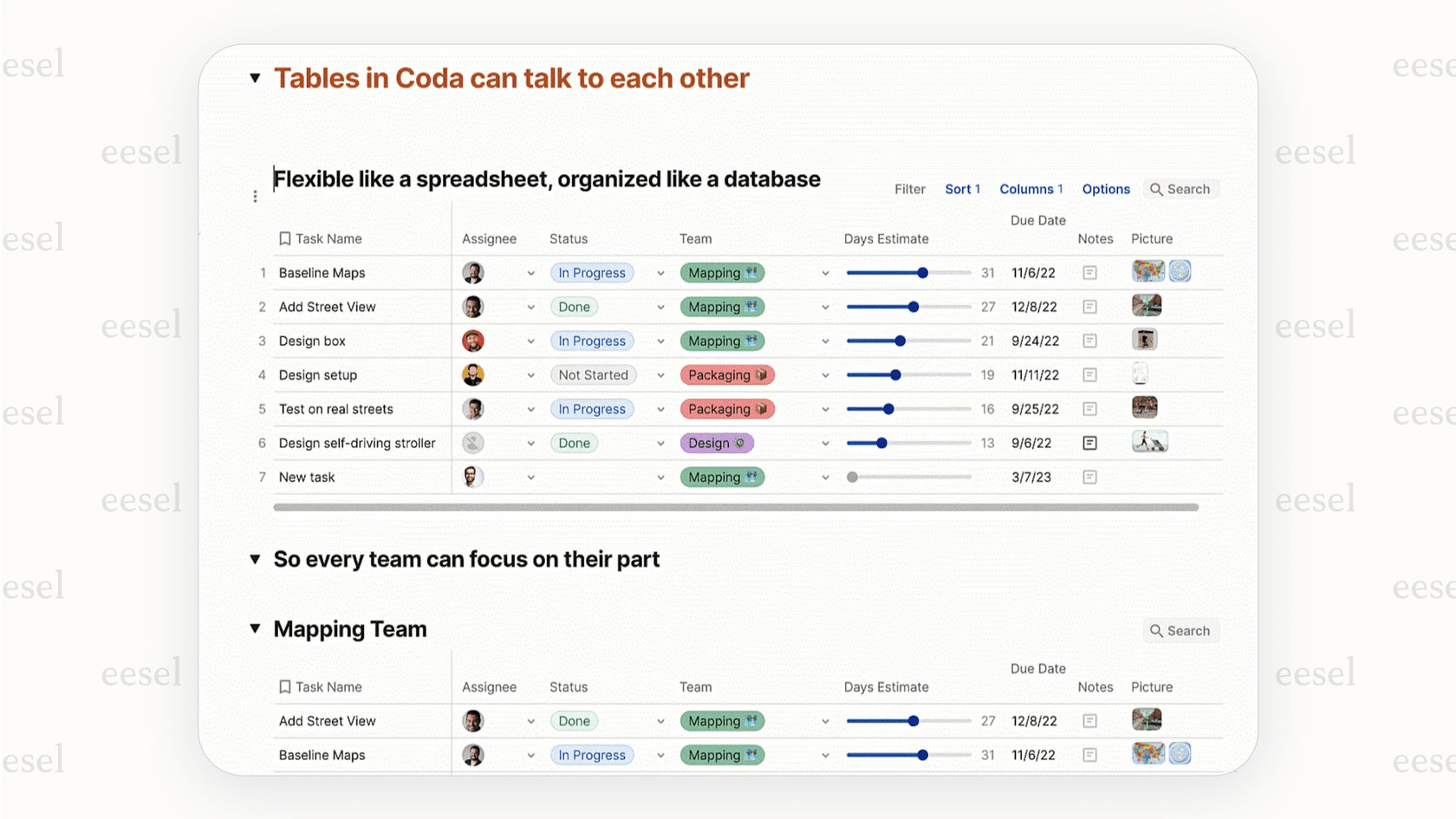 Screenshot of a Coda doc, a leading Notion alternative, demonstrating its advanced formula capabilities and app integrations ("Packs").