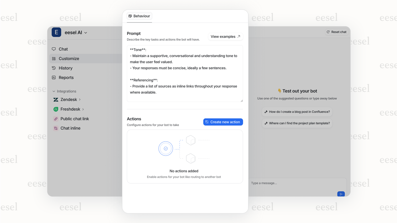 Ein Screenshot des eesel AI-Einstellungsfensters, in dem ein Benutzer Eskalationsregeln und die Persönlichkeit des Bots für seinen Enterprise AI Support-Agenten definiert.