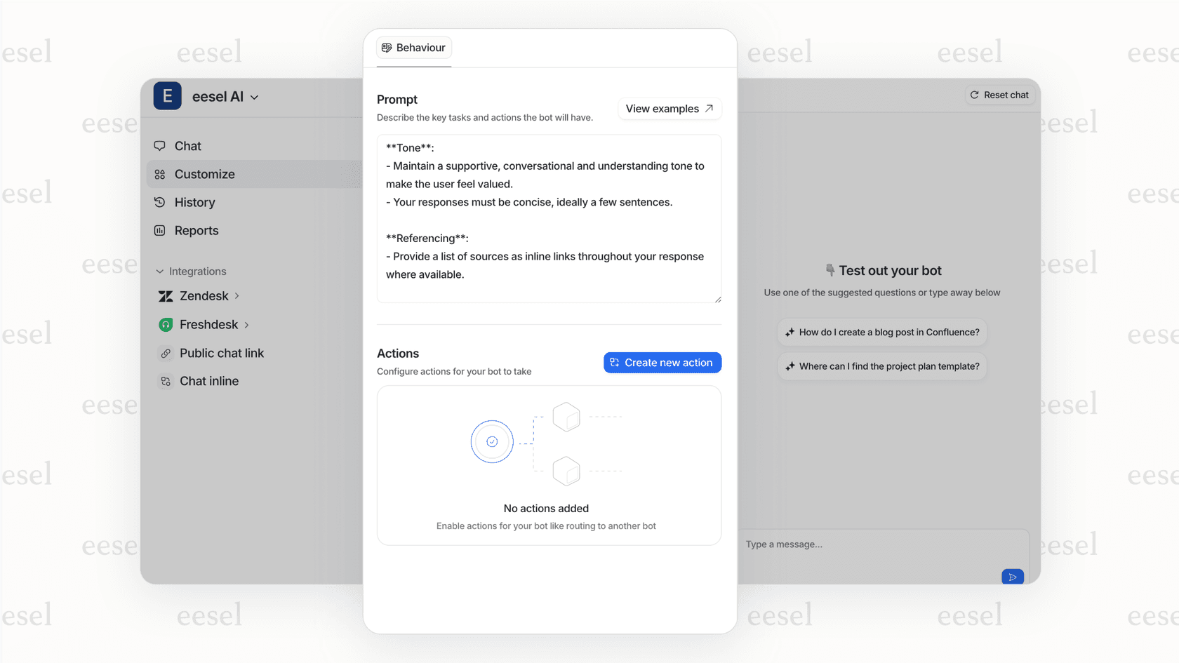 A screenshot of the eesel AI settings panel, where a user is defining escalation rules and bot personality for their enterprise AI support agent.