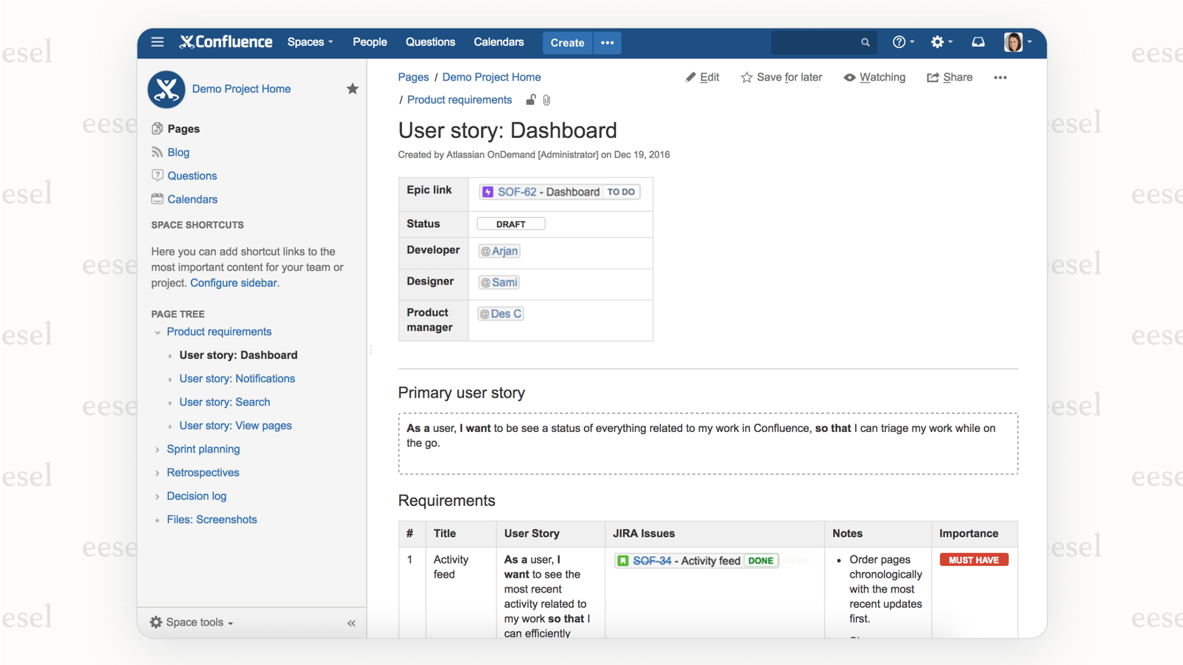 A screenshot of the Confluence interface, a popular GitBook alternative, demonstrating how a documentation page can be directly linked to relevant Jira tickets.