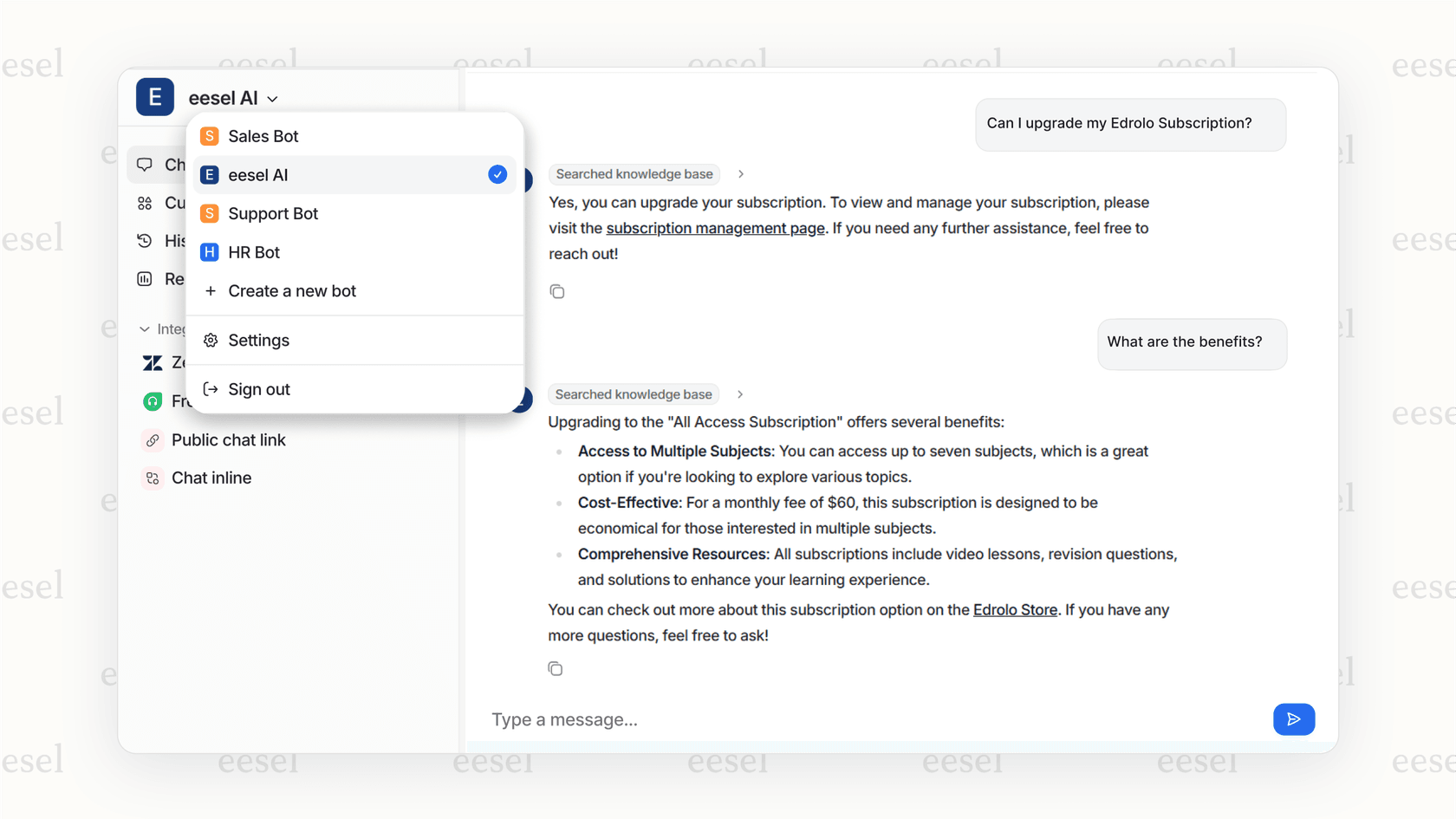 Dashboard of eesel AI, one of the best AI agents for business.
