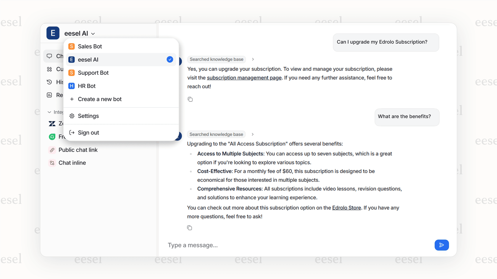 A screenshot of the eesel AI platform, one of the best AI agents, displaying the main navigation with options for AI Agent, AI Copilot, and AI Triage, highlighting its integrated approach to automation.