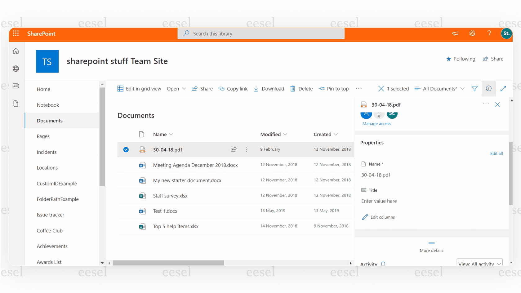 A screenshot for a sharepoint review highlighting the version control and check-in/check-out features within a SharePoint document library.