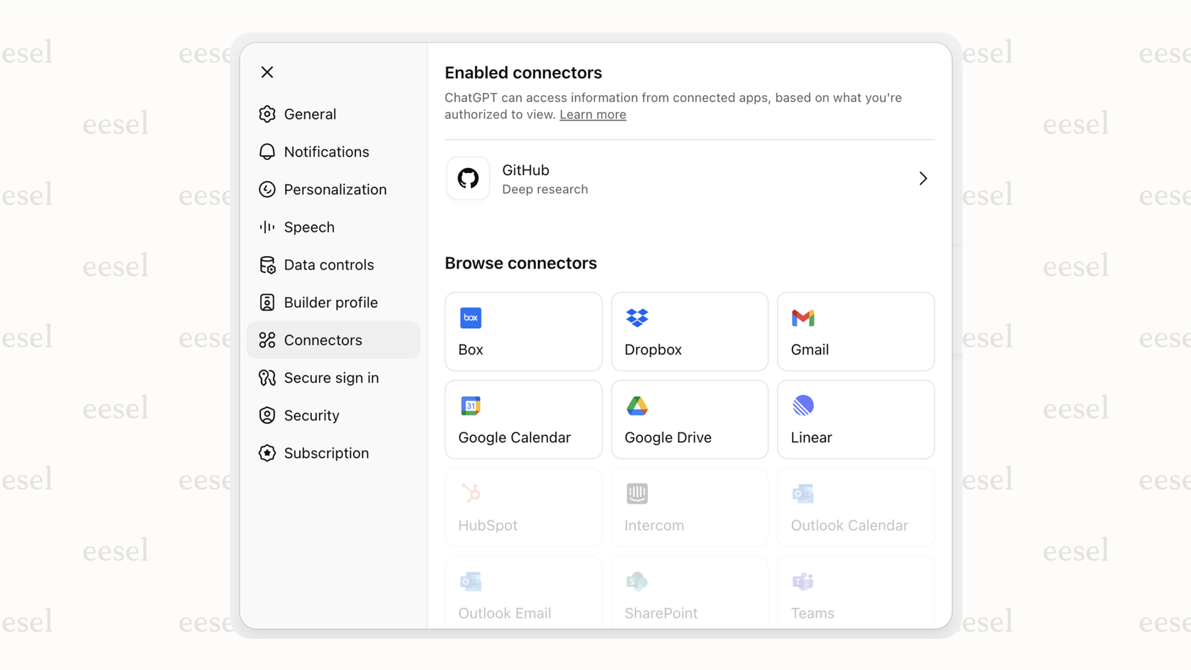 A screenshot of the ChatGPT settings page where a user can enable a new ChatGPT connector for an application like Google Drive.