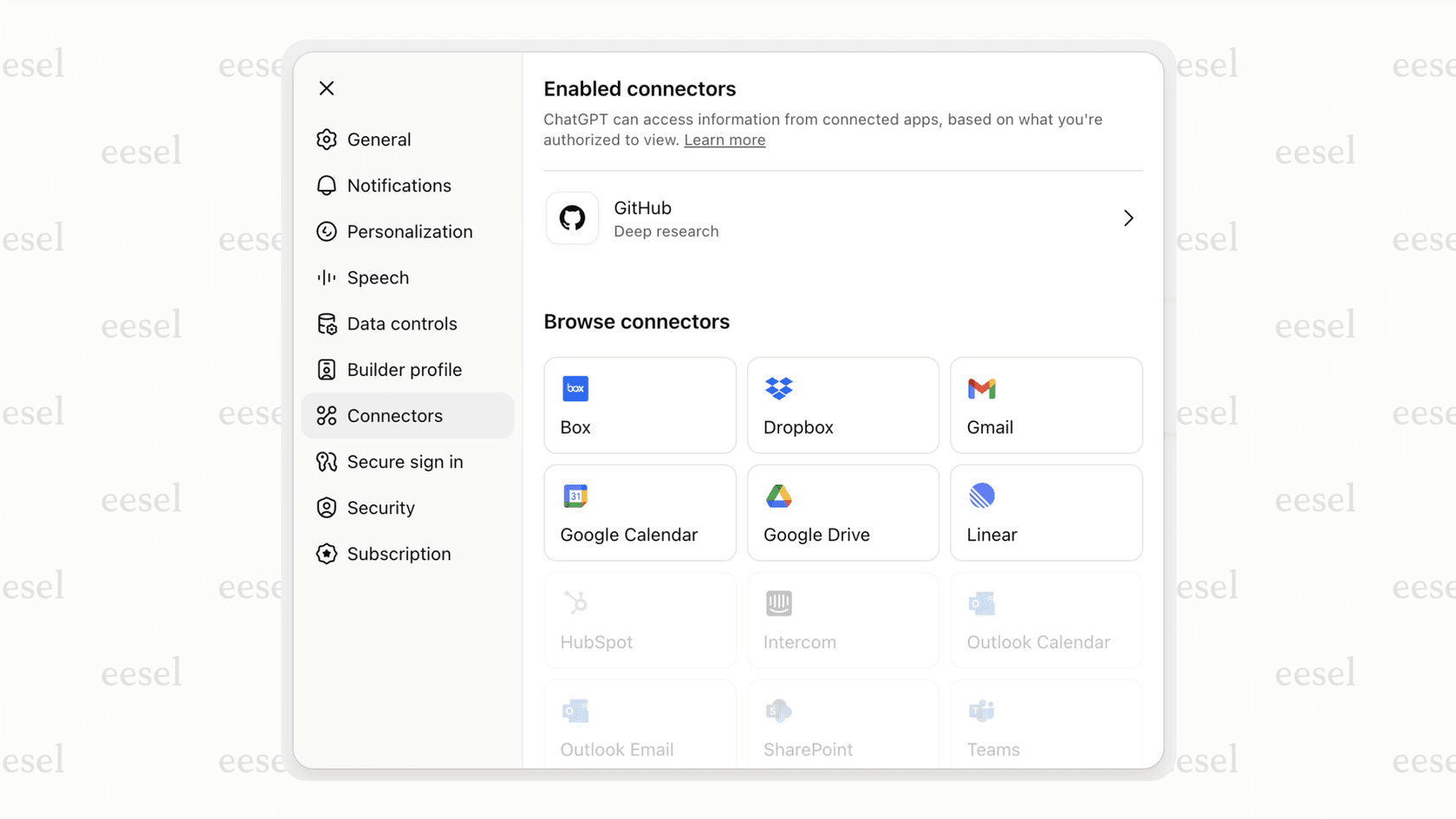 A screenshot of the ChatGPT settings page where a user can enable a new ChatGPT connector for an application like Google Drive.