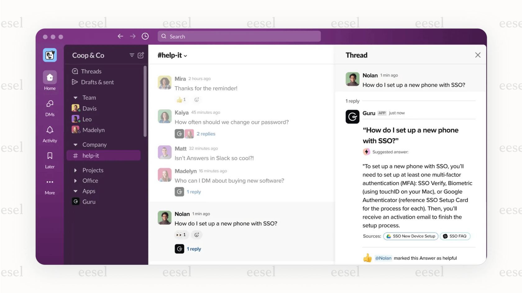 An example of Guru’s AI-powered search providing an answer in Slack, a key feature included in the Guru pricing.
