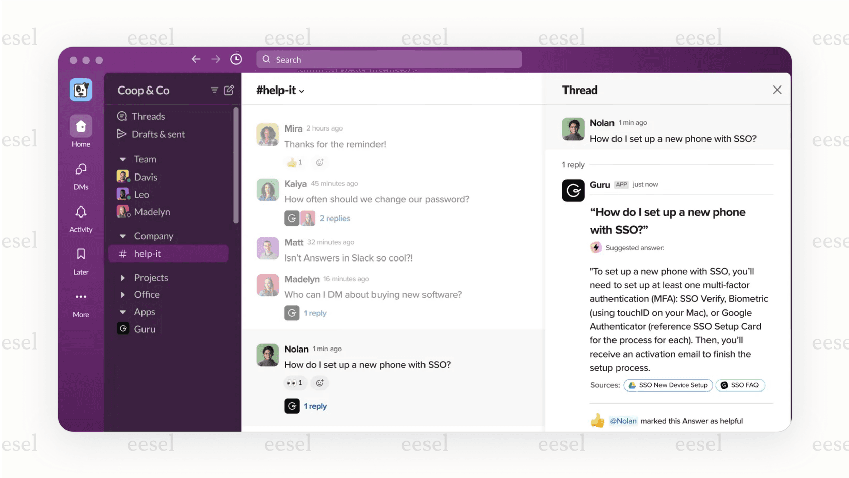 An example of Guru’s AI-powered search providing an answer in Slack, a key feature included in the Guru pricing.