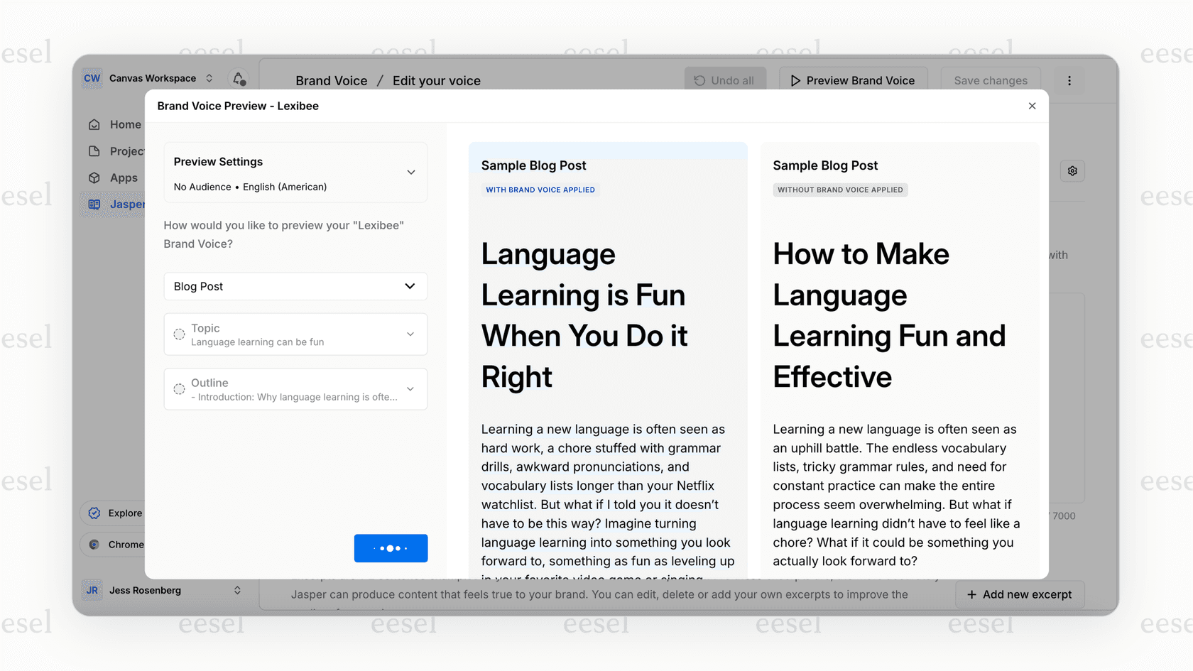 A screenshot of the Jasper platform where a user is setting up a unique brand voice, an important step in using AI for small business marketing.