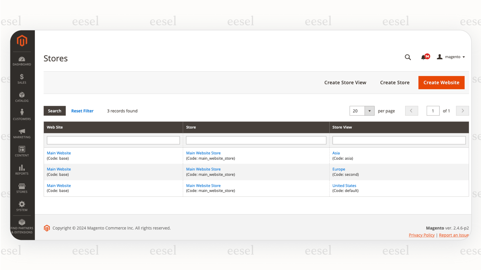A screenshot of the Magento admin panel highlighted in this Magento review, showing a dropdown menu to switch between different storefronts for various brands or regions.