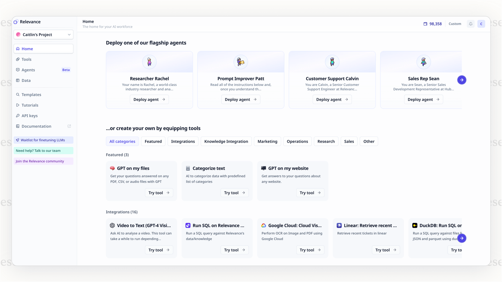 A view of the agent template library in Relevance AI, showing how features impact the overall Relevance AI pricing structure.