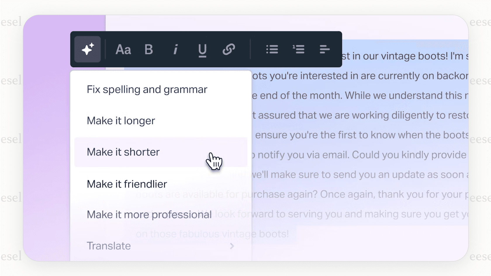 A screenshot showing the built-in AI Assist tool within a Help Scout conversation, which is a feature included with Help Scout pricing plans.