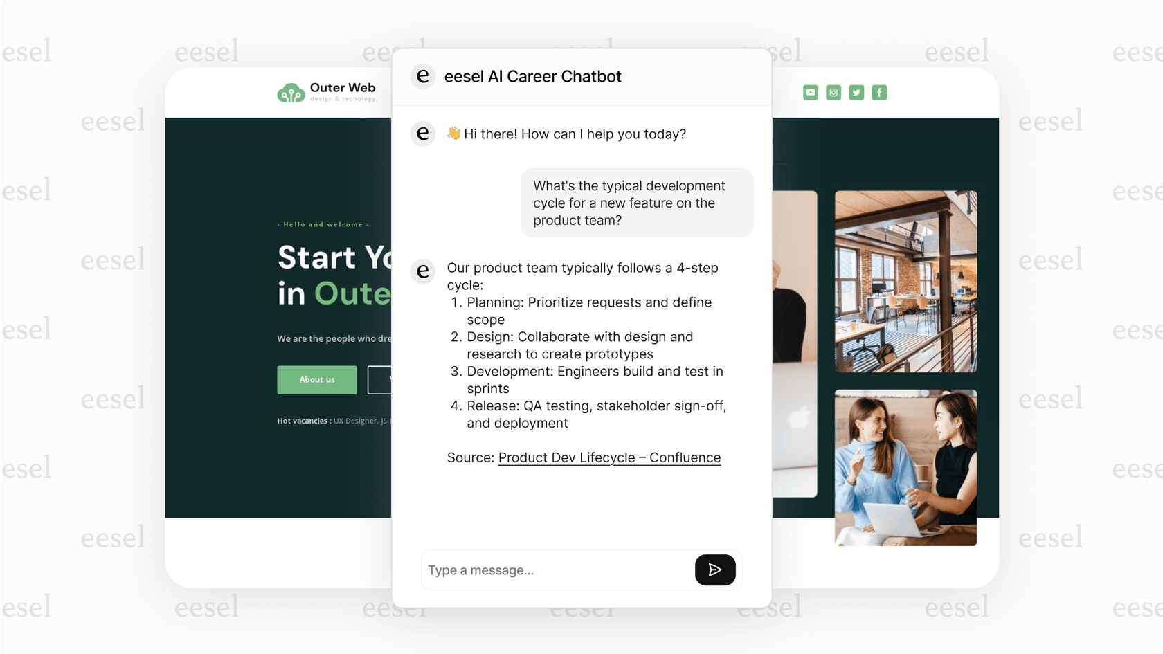A chatbot powered by AI for recruiting providing a detailed answer to a candidate.