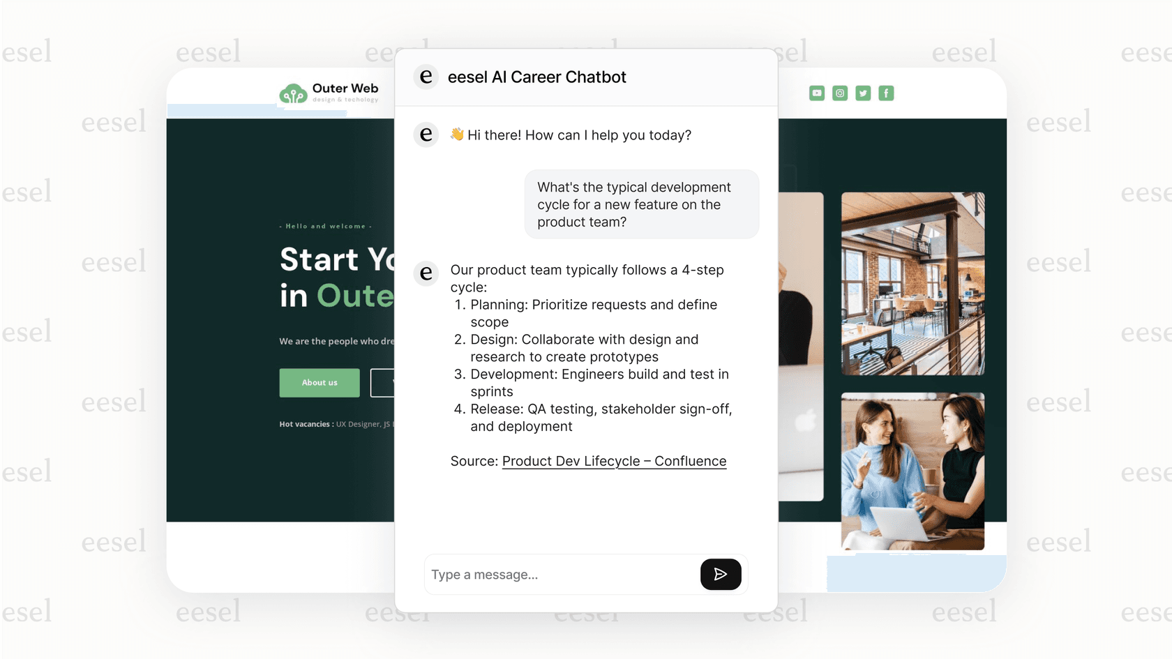 A chatbot powered by AI for recruiting providing a detailed answer to a candidate.