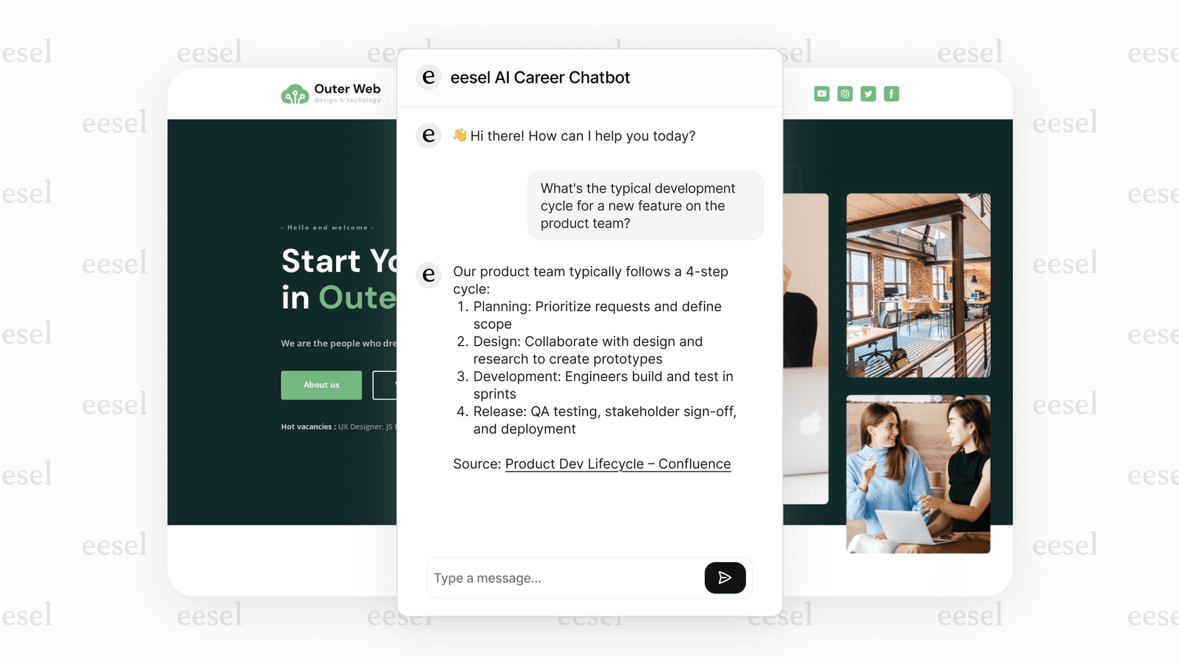 A chatbot using AI for recruiting to answer a candidate's specific question about team processes by pulling information from an internal knowledge base.