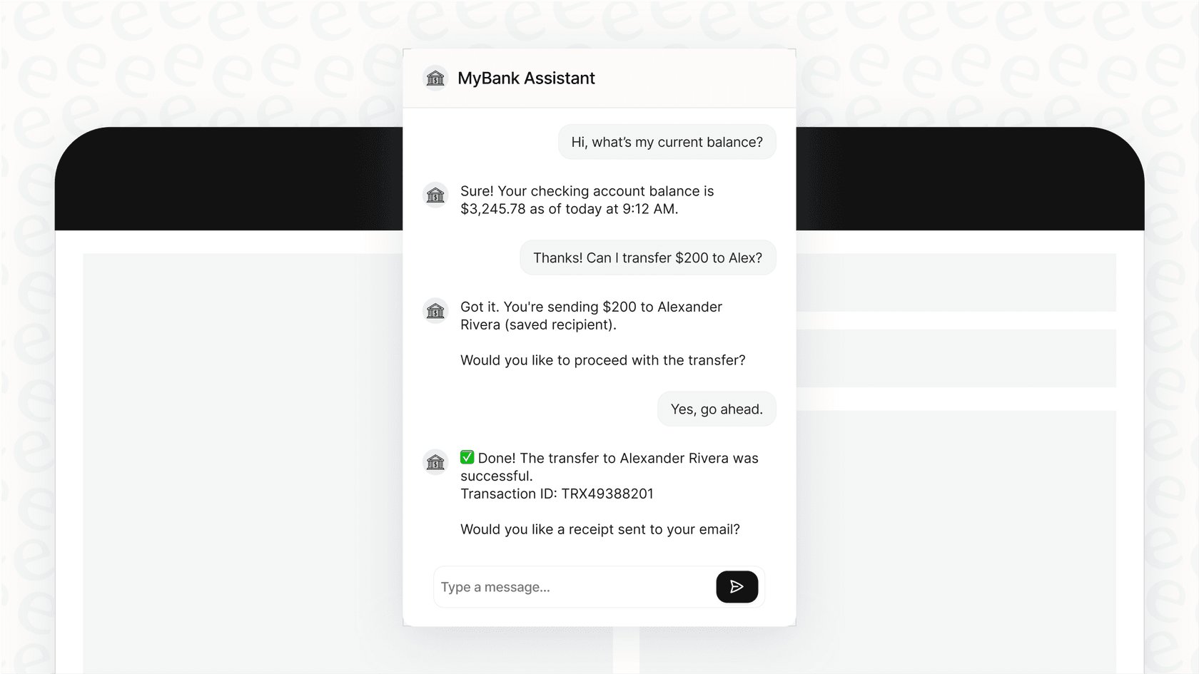 A screenshot of an AI-powered banking chatbot providing a customer with their account balance and recent transaction details instantly.